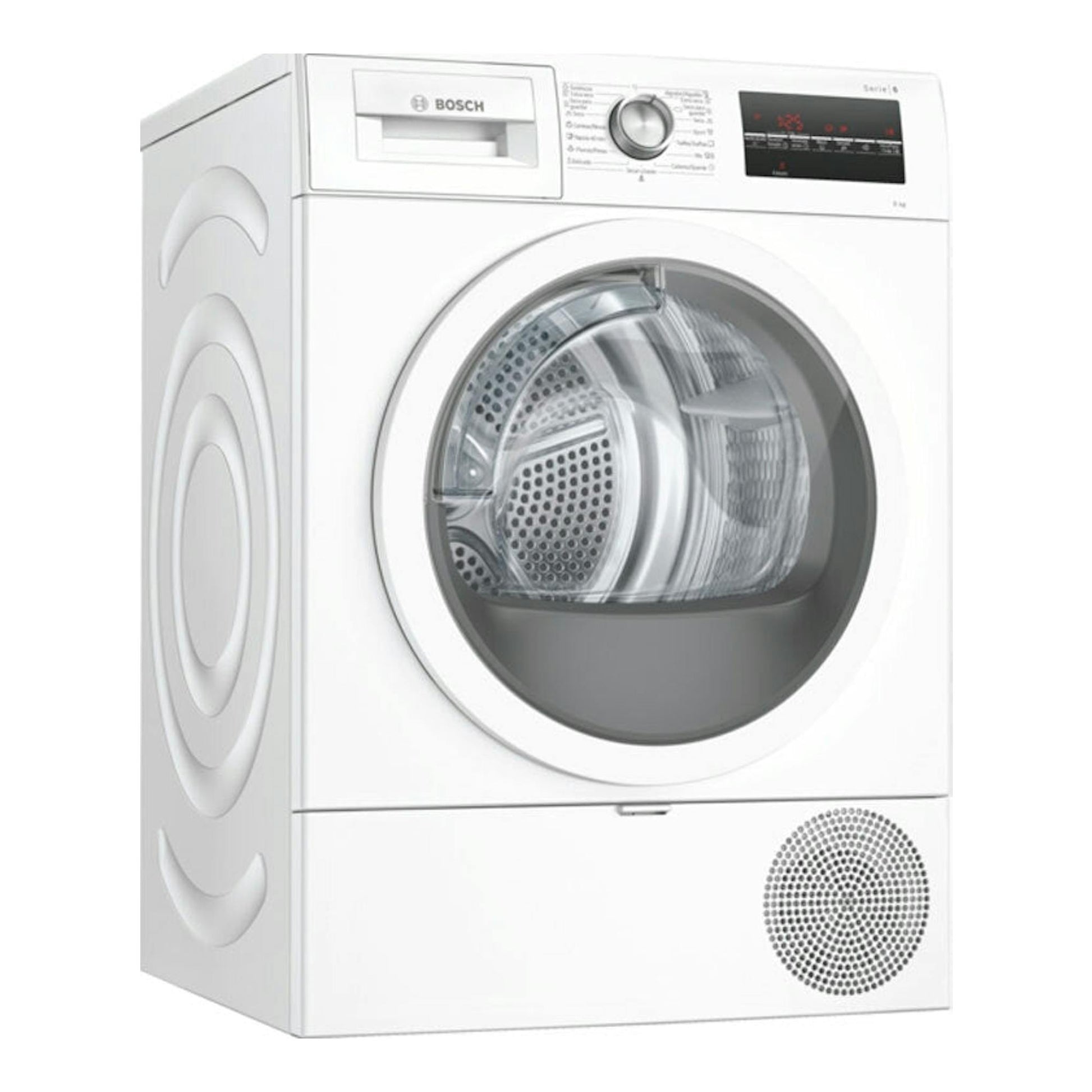 Secadora Bosch WTR85T00ES blanca, vista frontal izquierda, con puerta circular y panel digital superior.