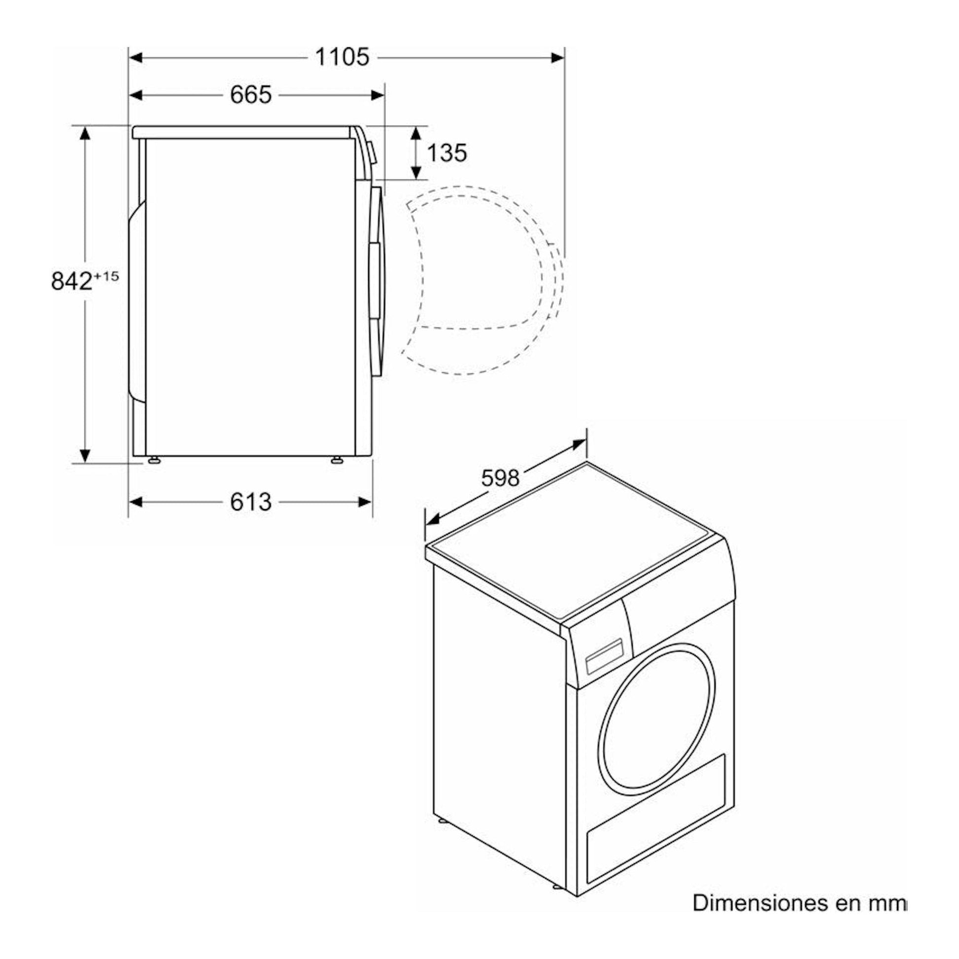 Bosch WTR85T00ES: secadora blanca en vista frontal y lateral, con dimensiones técnicas en mm.