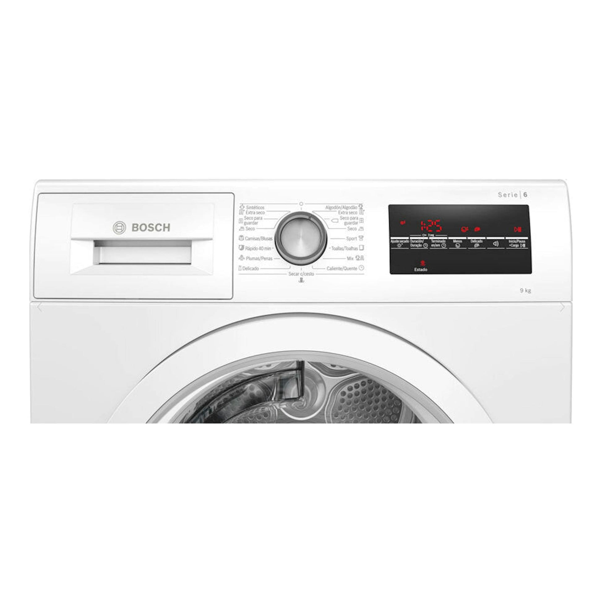 Secadora Bosch WTR85T00ES blanca, vista frontal, con puerta circular y panel digital, 9 kg.