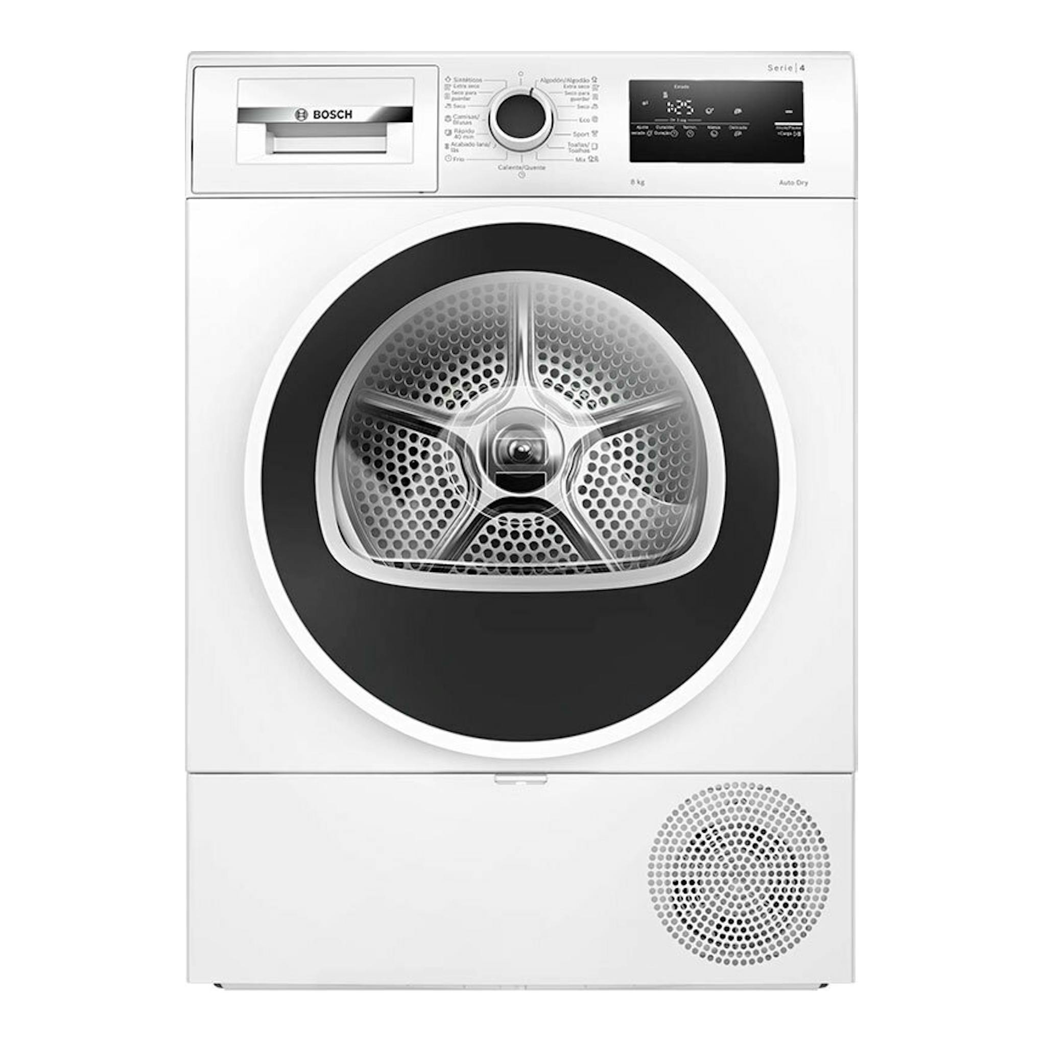 Secadora Bosch Serie 4 WTR85V00ES, blanca, vista frontal, con puerta circular negra y panel superior.