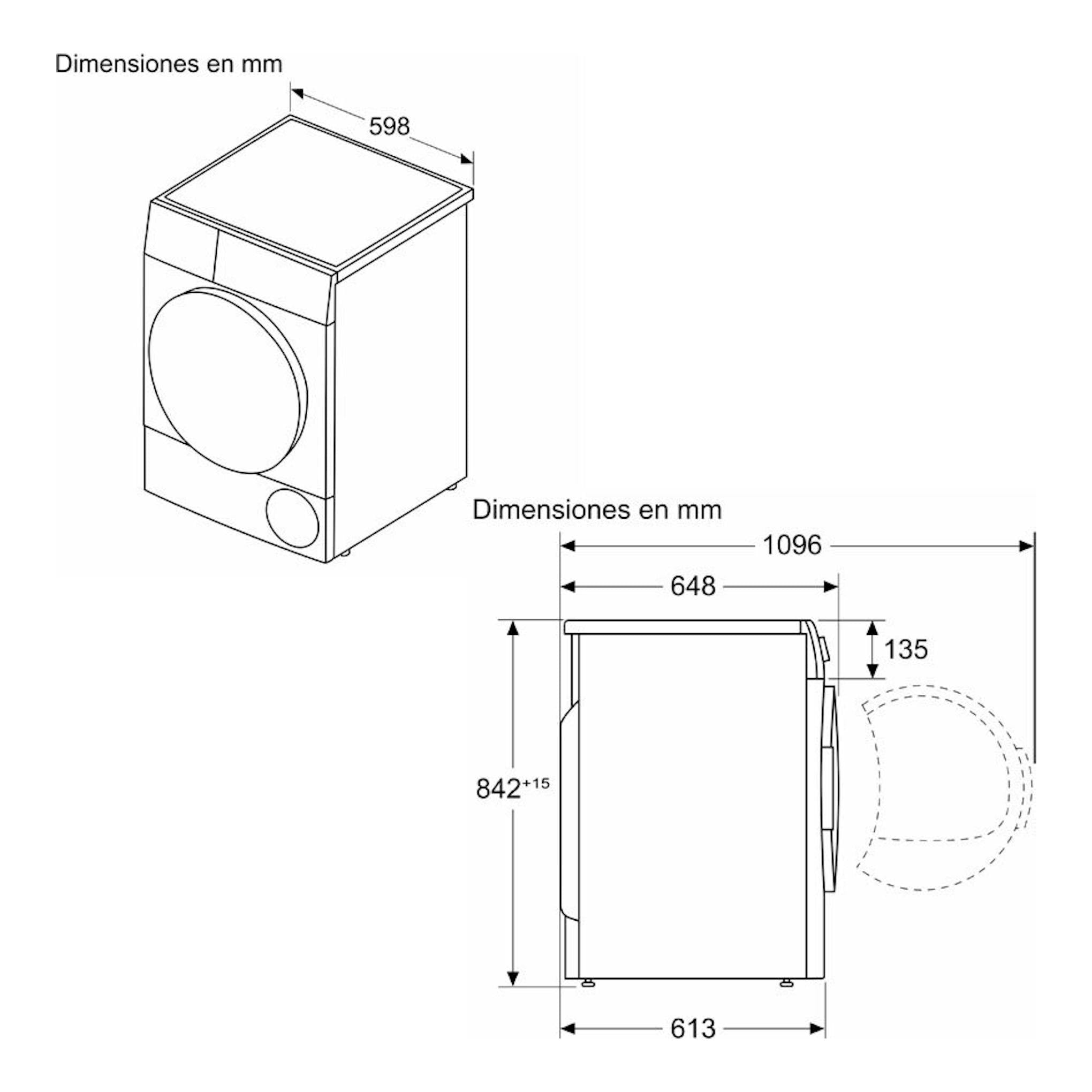 Bosch WTR85V00ES, esquema técnico en blanco y negro de secadora con vistas frontal y lateral y medidas en mm.