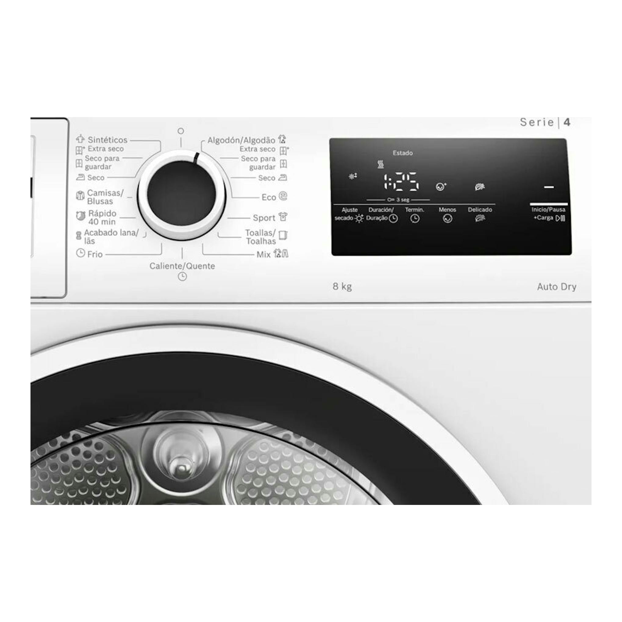 Secadora Bosch WTR85V00ES blanca, vista frontal del panel de control y tambor, 8 kg.