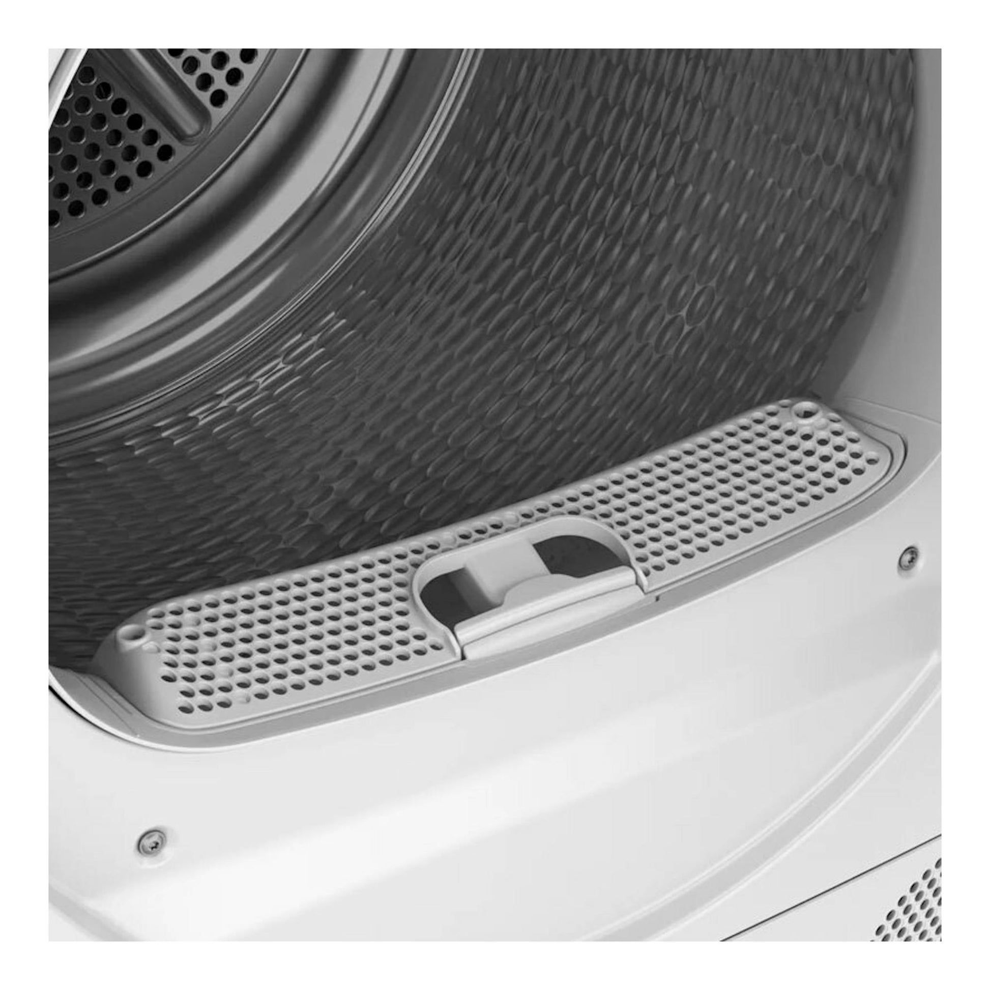 Interior de secadora Bosch WTR85V00ES, tambor metálico y filtro blanco, vista en primer plano.