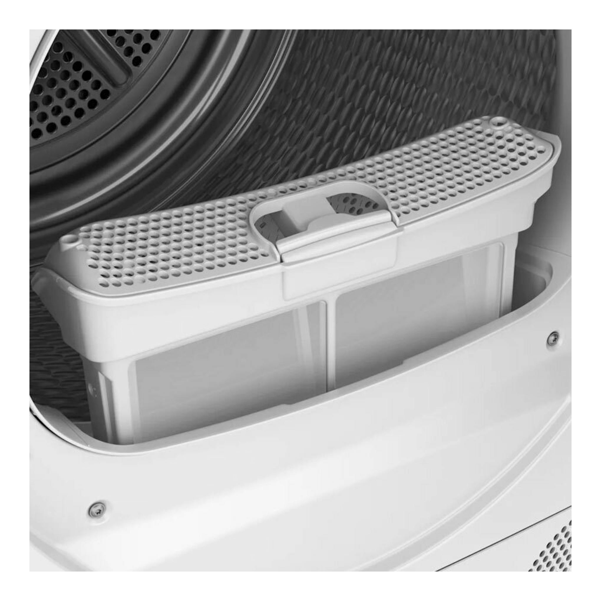 Interior de secadora Bosch WTR85V00ES, con filtro atrapa pelusas blanco, vista frontal en primer plano.