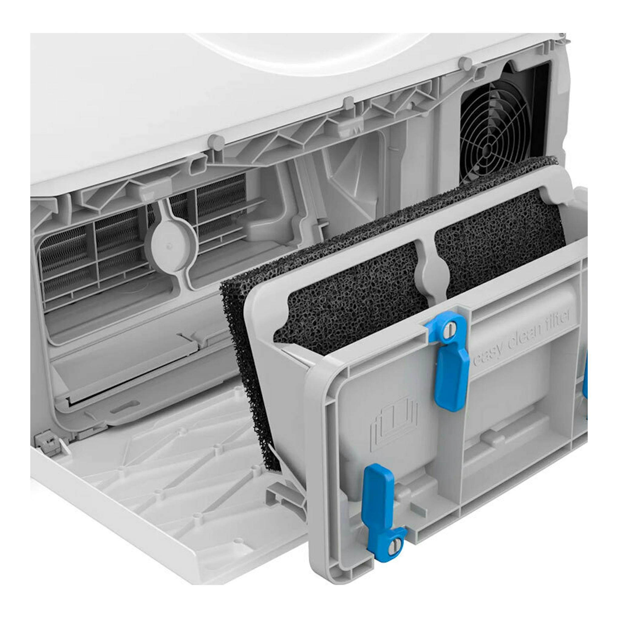 Vista en corte del filtro interno de una secadora Bosch WTR85V00ES, en blanco y gris, con pestañas azules.