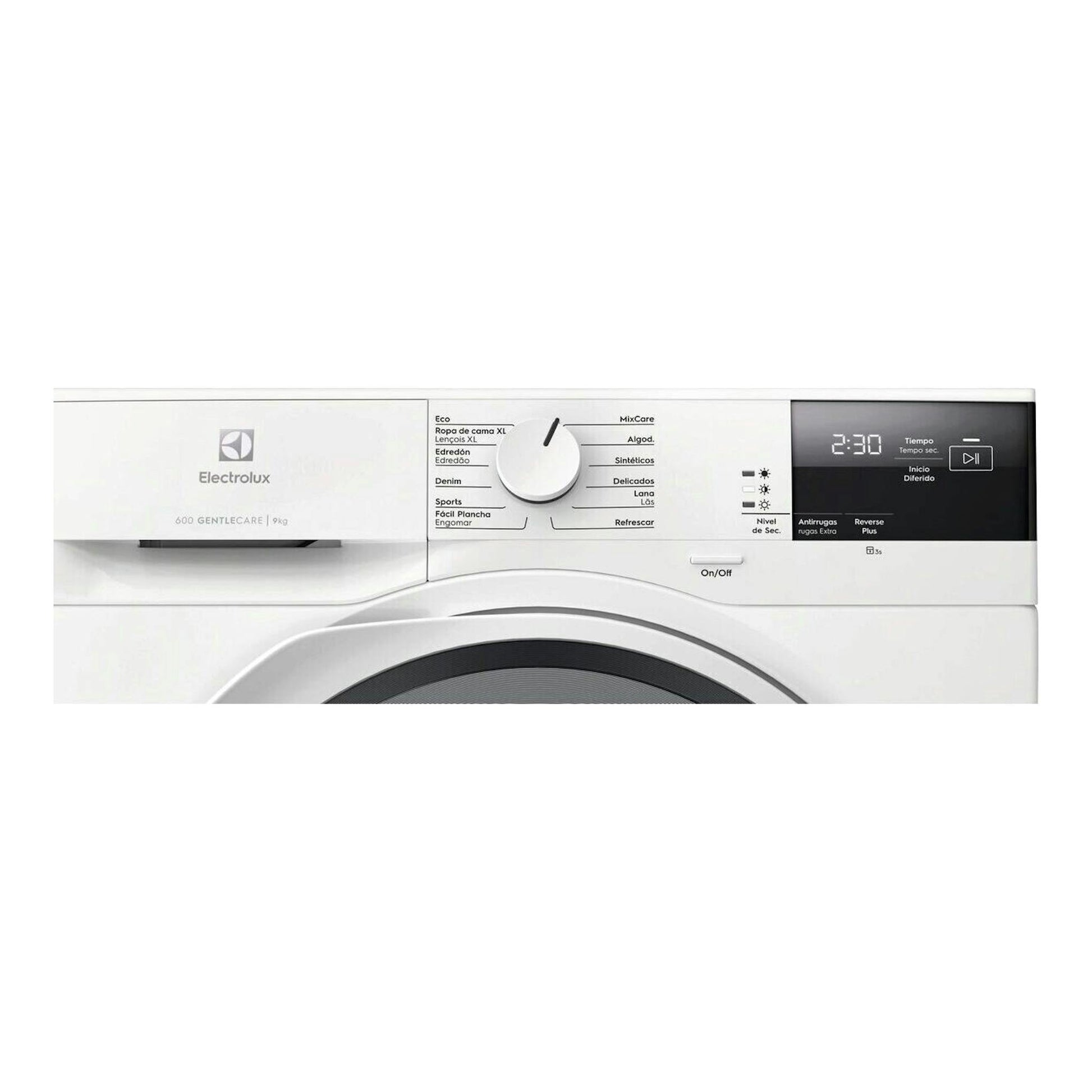 Secadora Electrolux EDI629G4BO blanca, vista frontal parcial del panel con mando y pantalla digital.