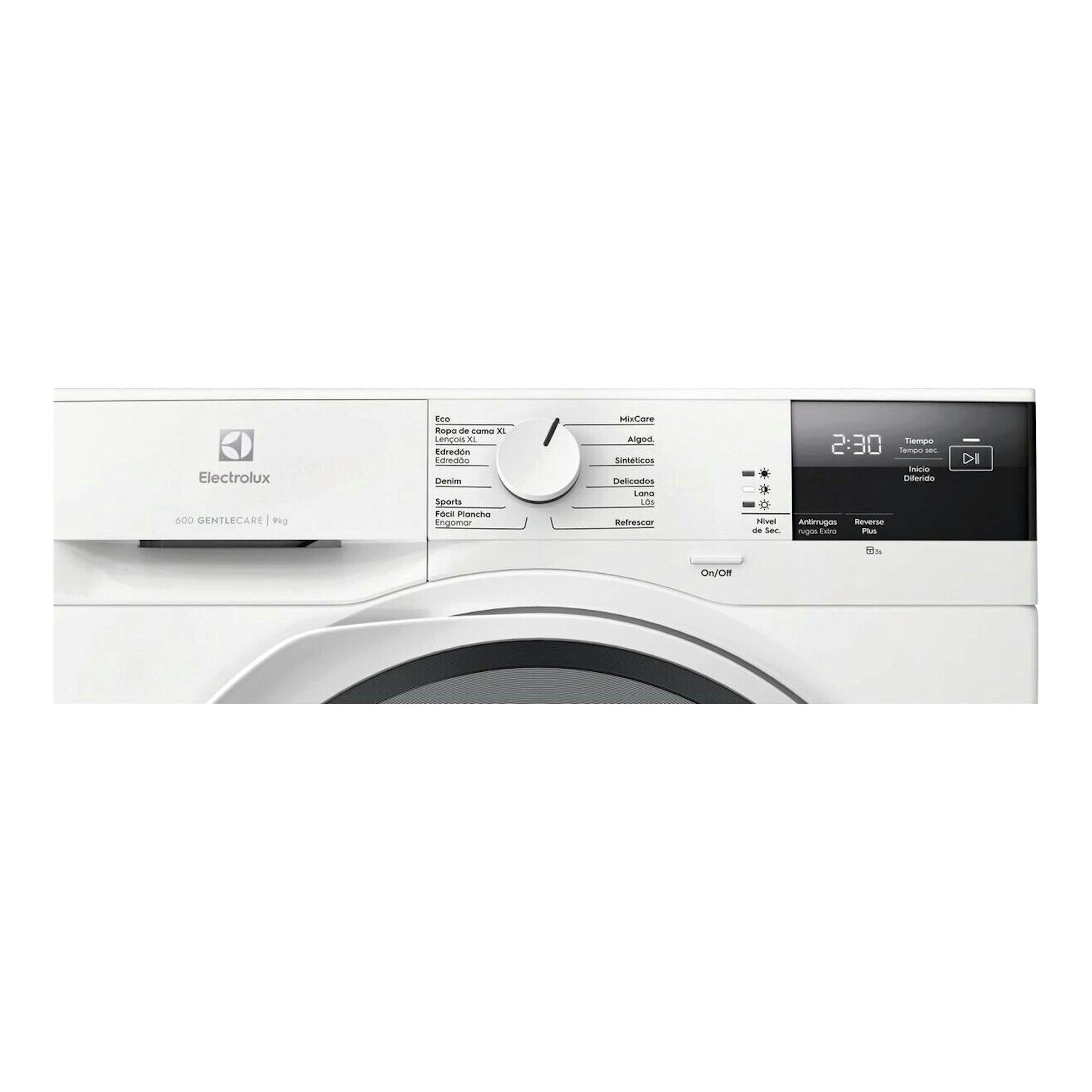 Secadora Electrolux EDI629G4BO blanca, vista frontal parcial del panel con mando y pantalla digital.