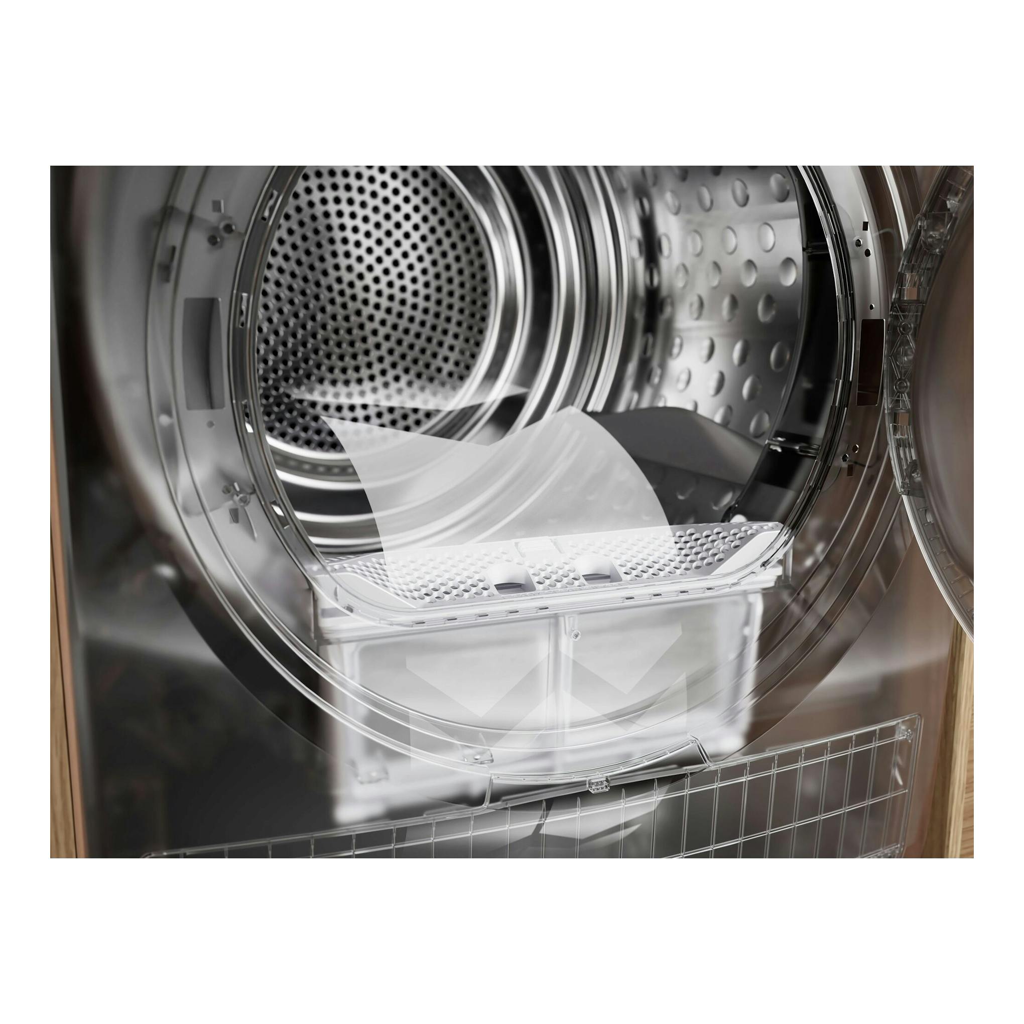 Secadora Electrolux EDI629G4BO blanca, vista frontal del tambor interior de acero inoxidable.