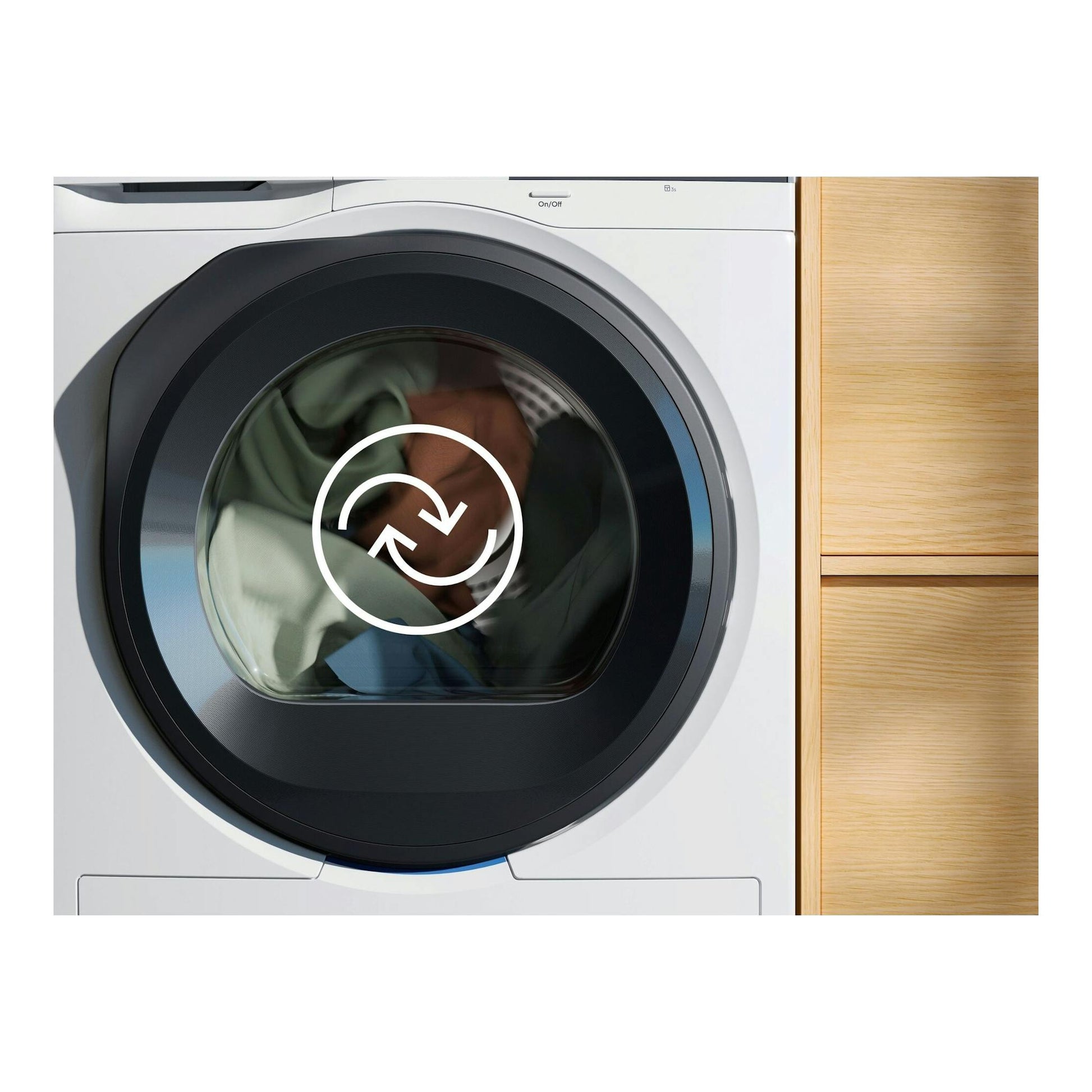 Secadora Electrolux EDI629G4BO blanca, vista frontal, con puerta negra circular y ropa dentro.