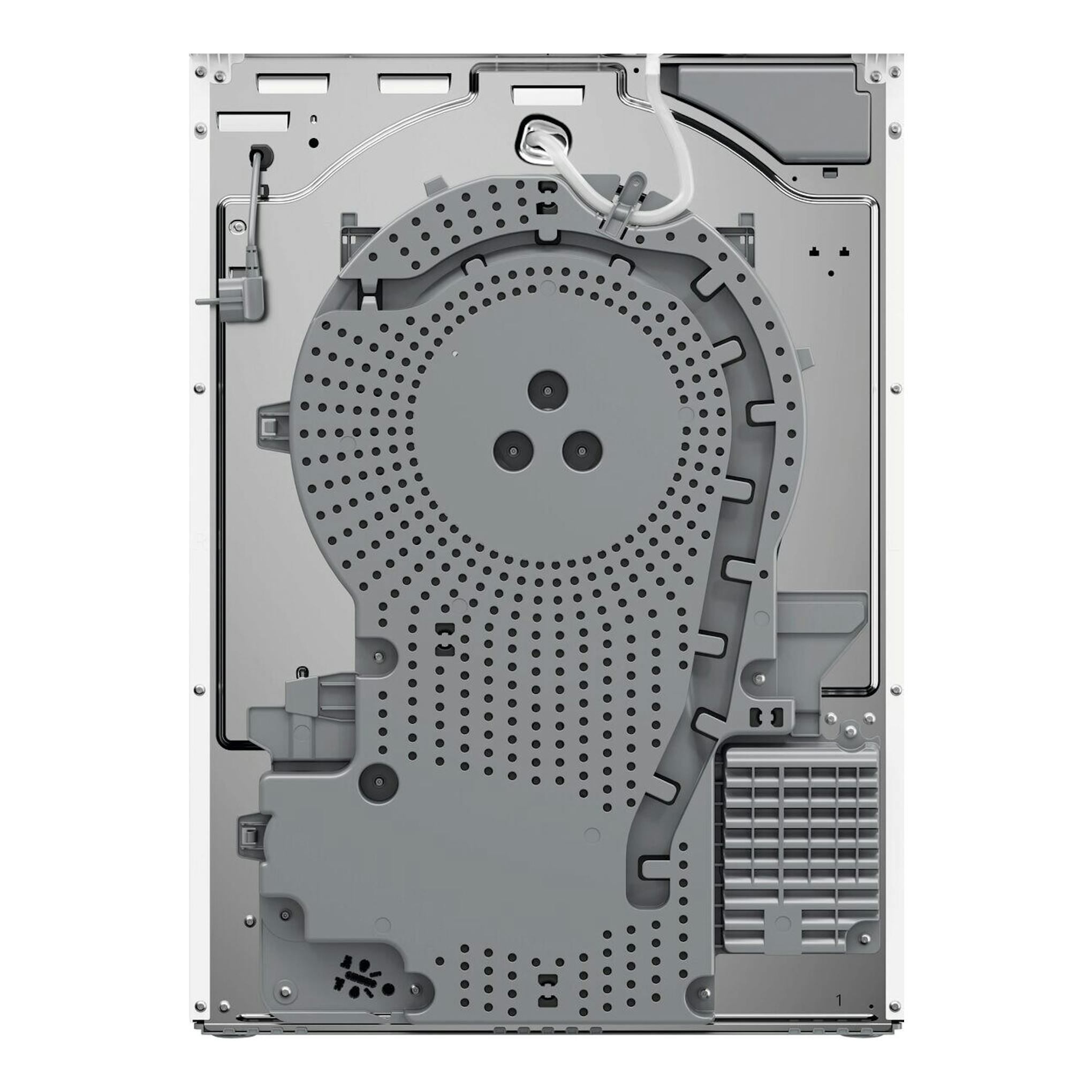 Secadora AEG TR839T4PBCP, vista trasera del panel interno gris con conductos y rejilla.