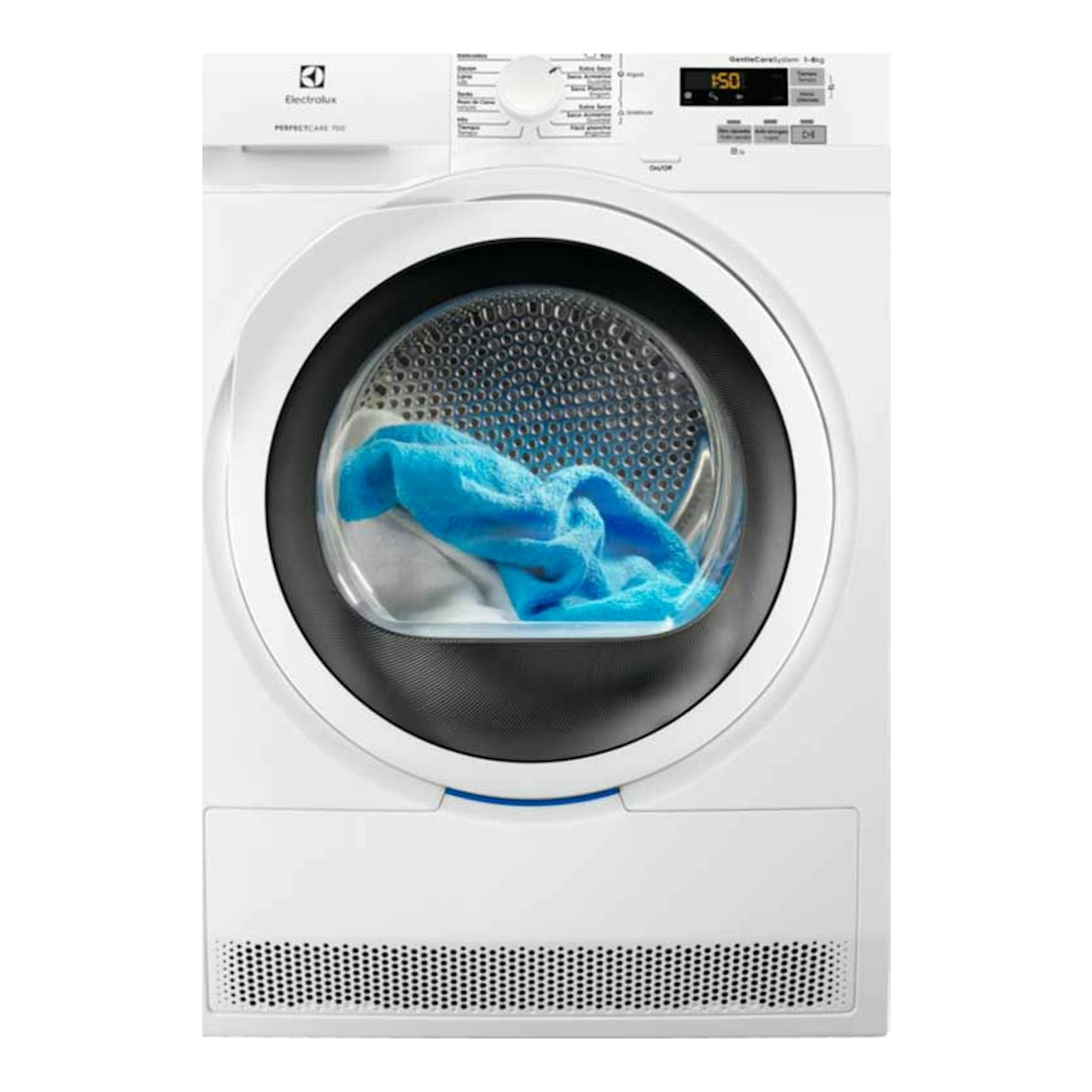 Secadora Electrolux EW7H5825IB blanca, vista frontal, con ropa azul dentro del tambor.