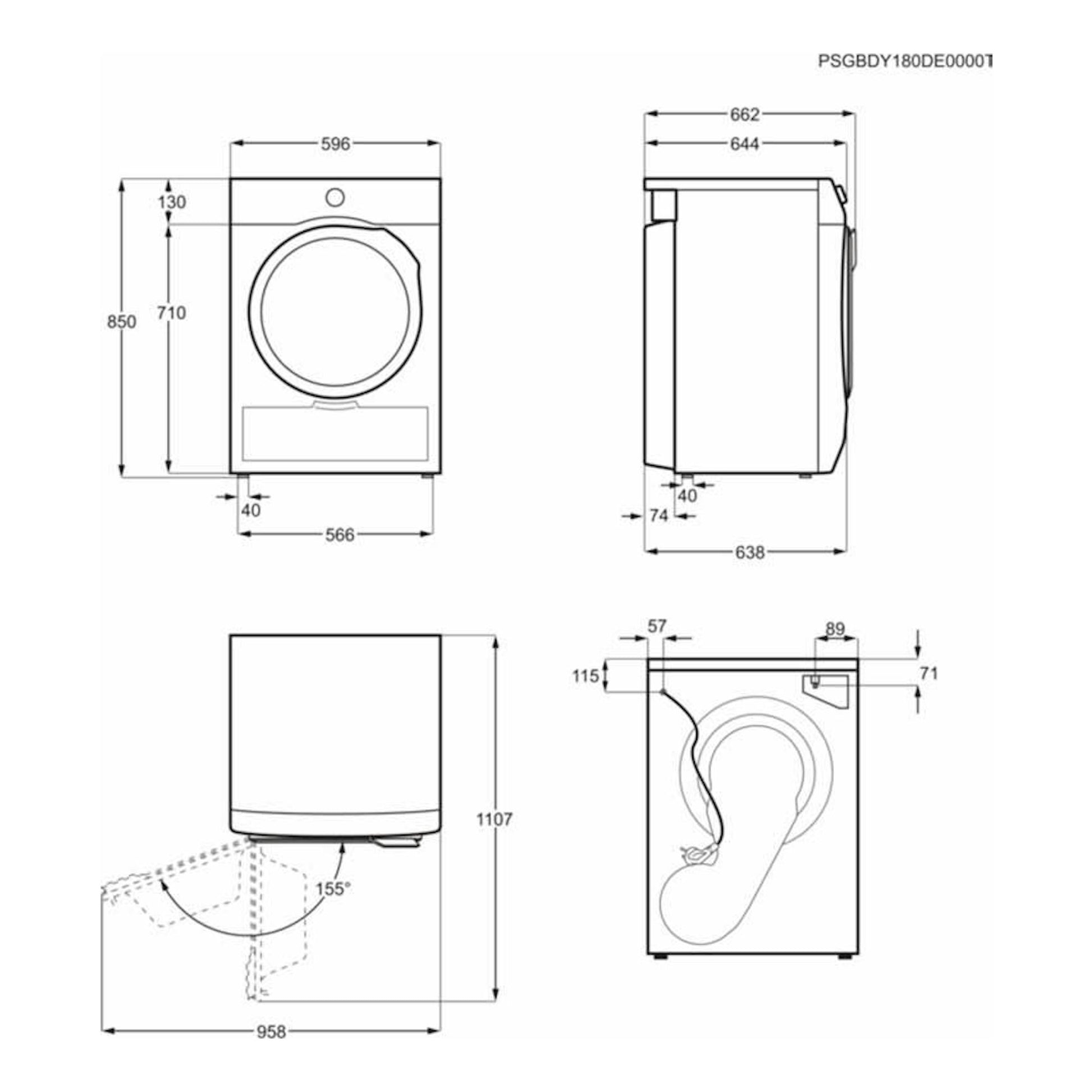 Plano técnico de secadora Electrolux EW7H5825IB, vistas frontal, lateral y superior con medidas.