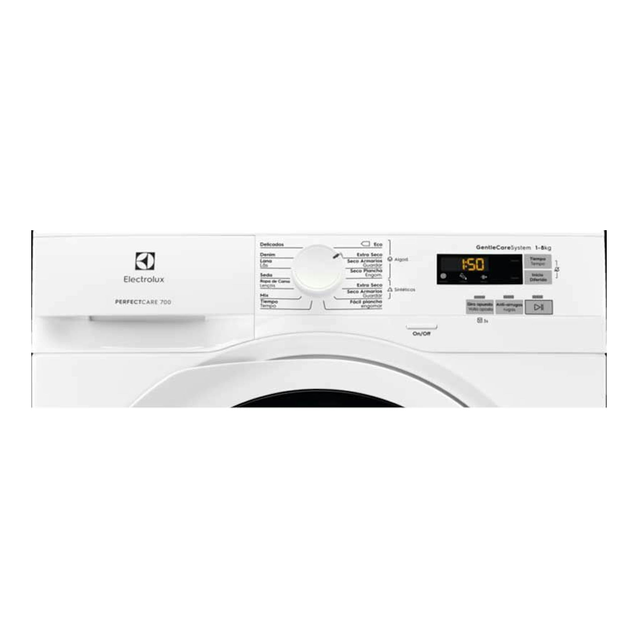 Secadora Electrolux PerfectCare 700 blanca, vista frontal parcial del panel de control con pantalla digital.