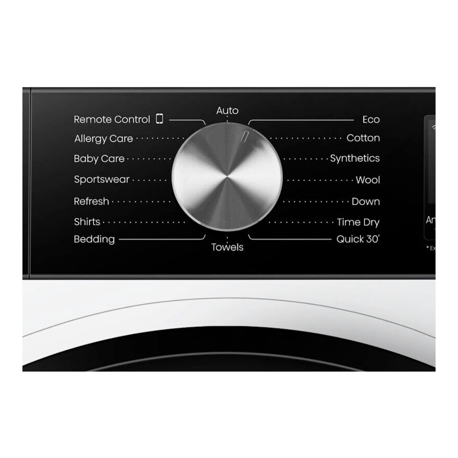 Secadora Hisense DH3S902BWCC, vista frontal parcial del panel negro con selector plateado y cuerpo blanco.