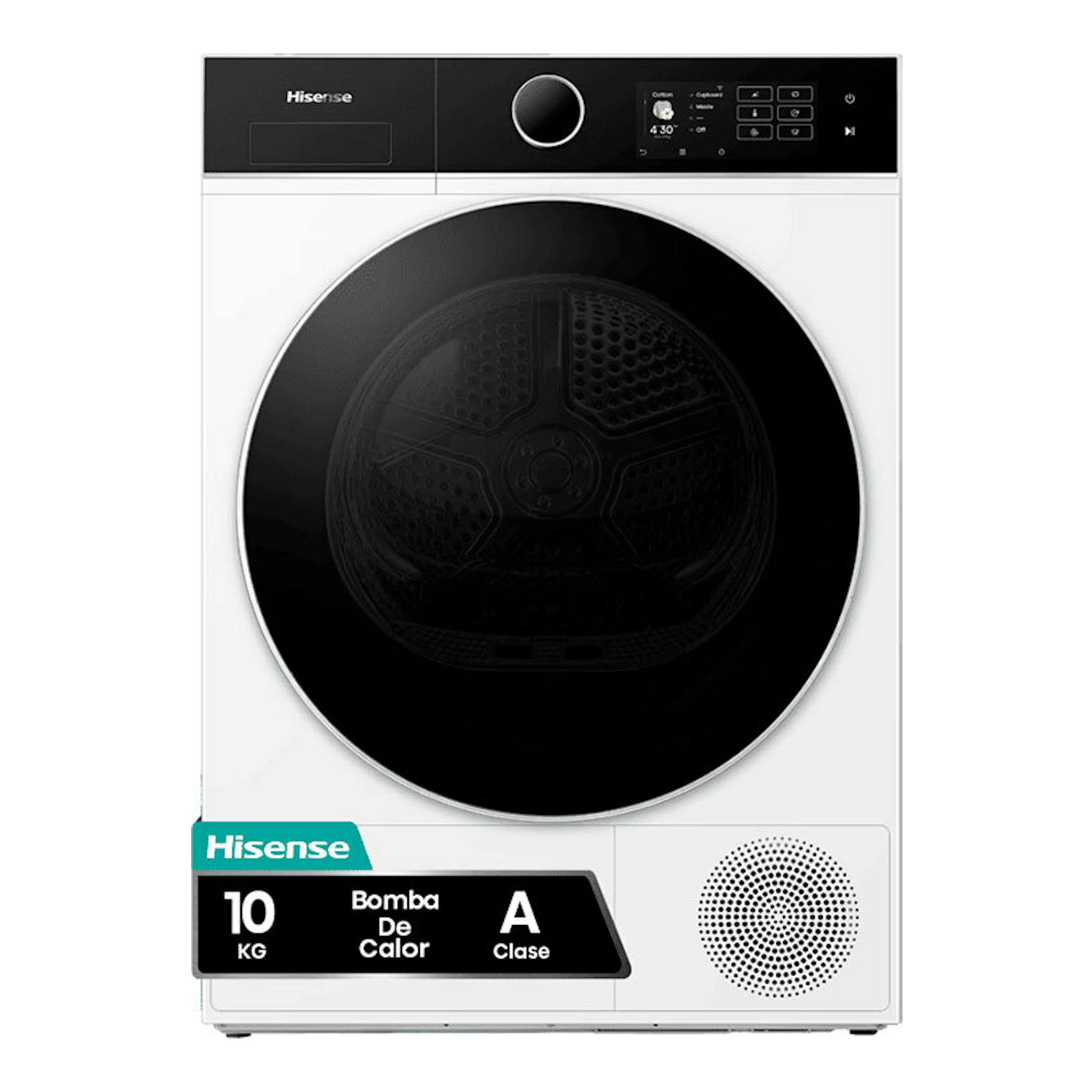Secadora Hisense DH5I104BWAB blanca, vista frontal, puerta circular negra y panel superior negro.