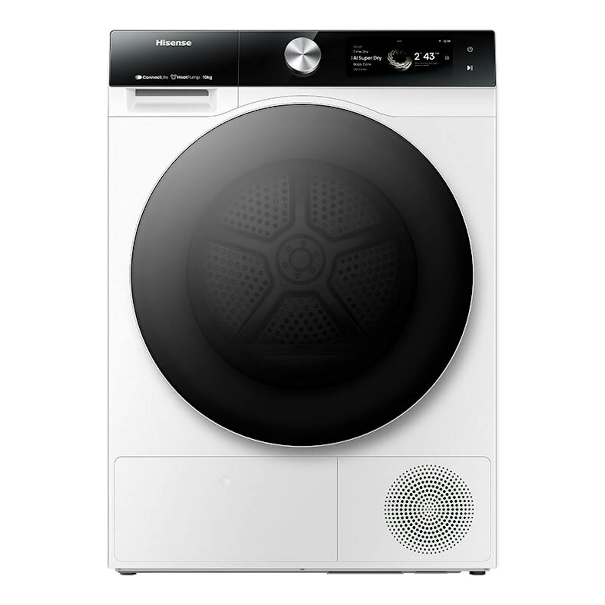 Secadora Hisense DH7S107BW blanca, vista frontal, con puerta negra circular y panel superior negro.