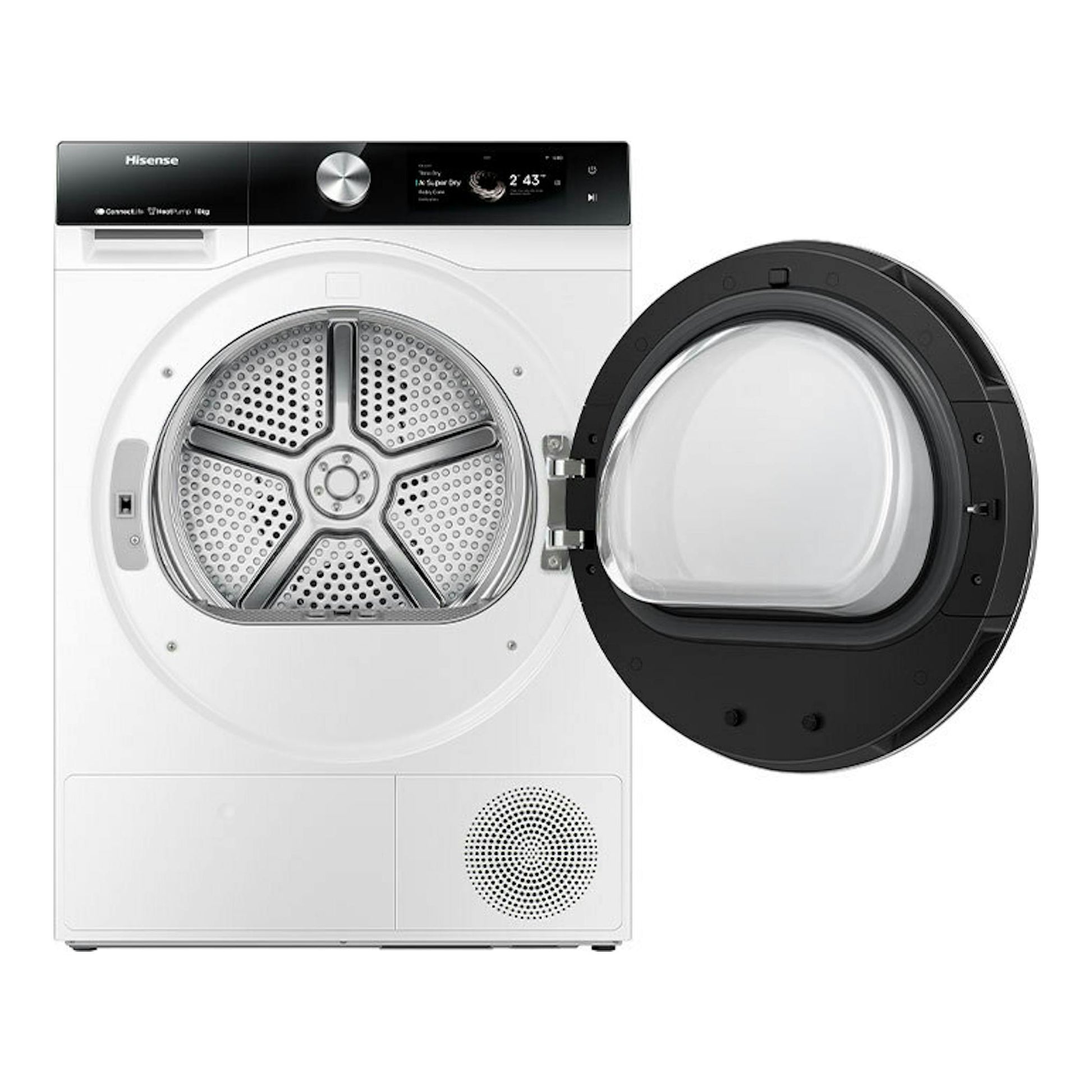 Secadora Hisense DH7S107BW blanca, vista frontal, con puerta negra abierta hacia la derecha.