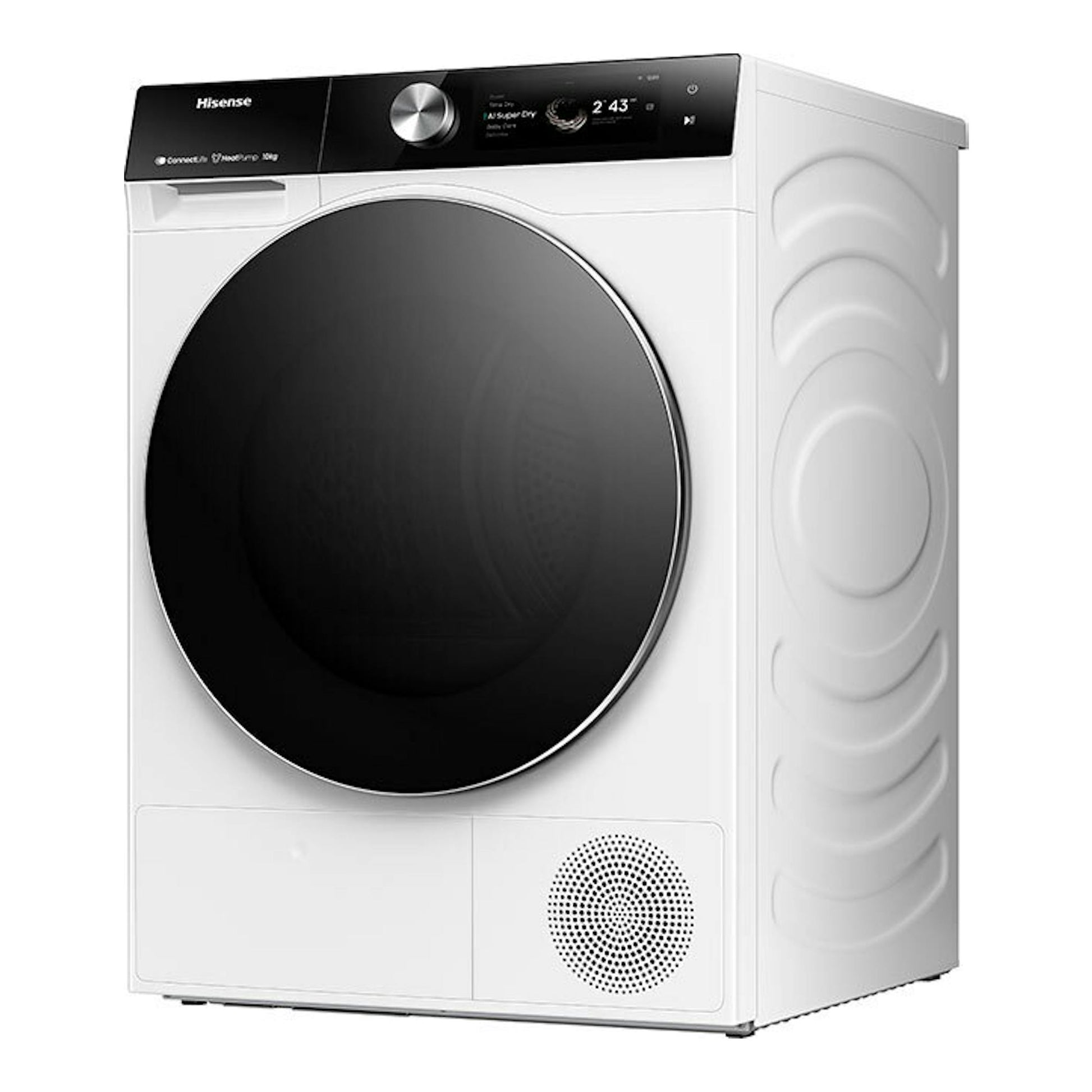 Secadora Hisense DH7S107BW blanca, vista frontal, con puerta circular negra y panel superior negro.