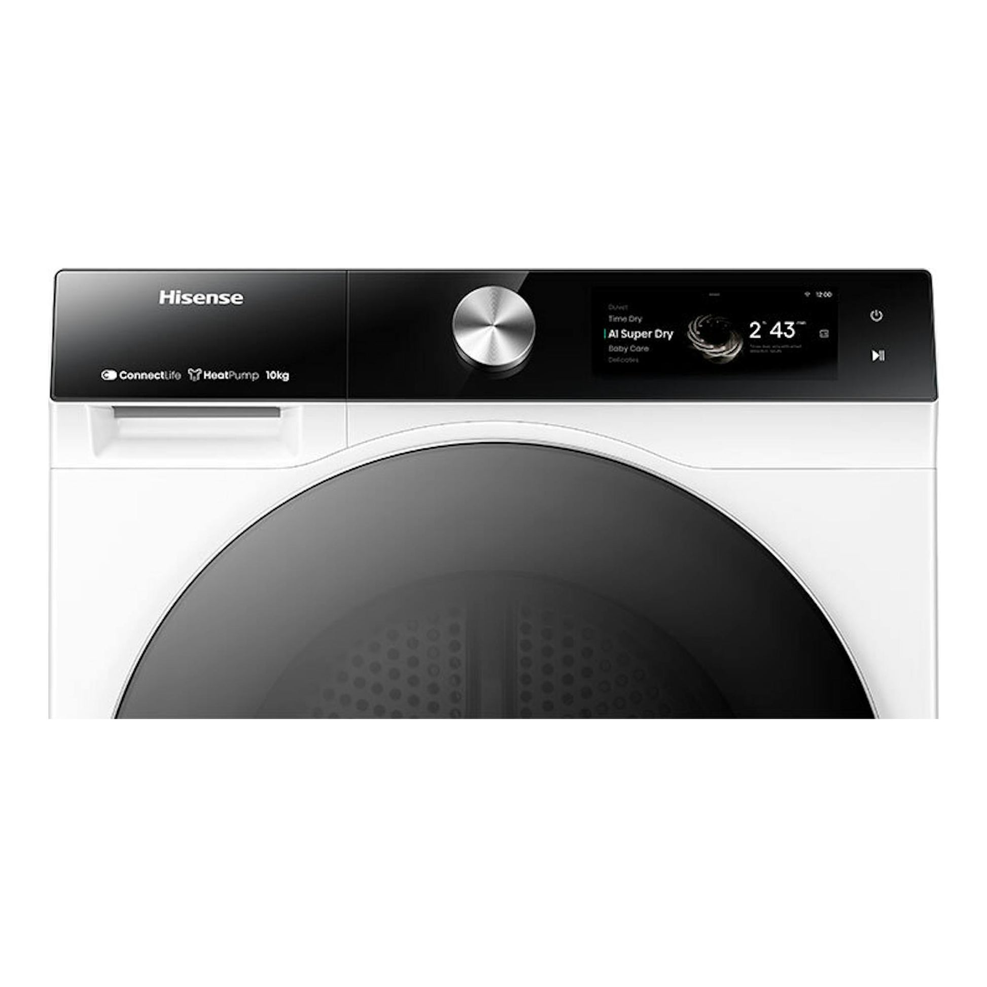 Secadora Hisense DH7S107BW blanca, vista frontal, con panel superior negro y puerta circular gris.