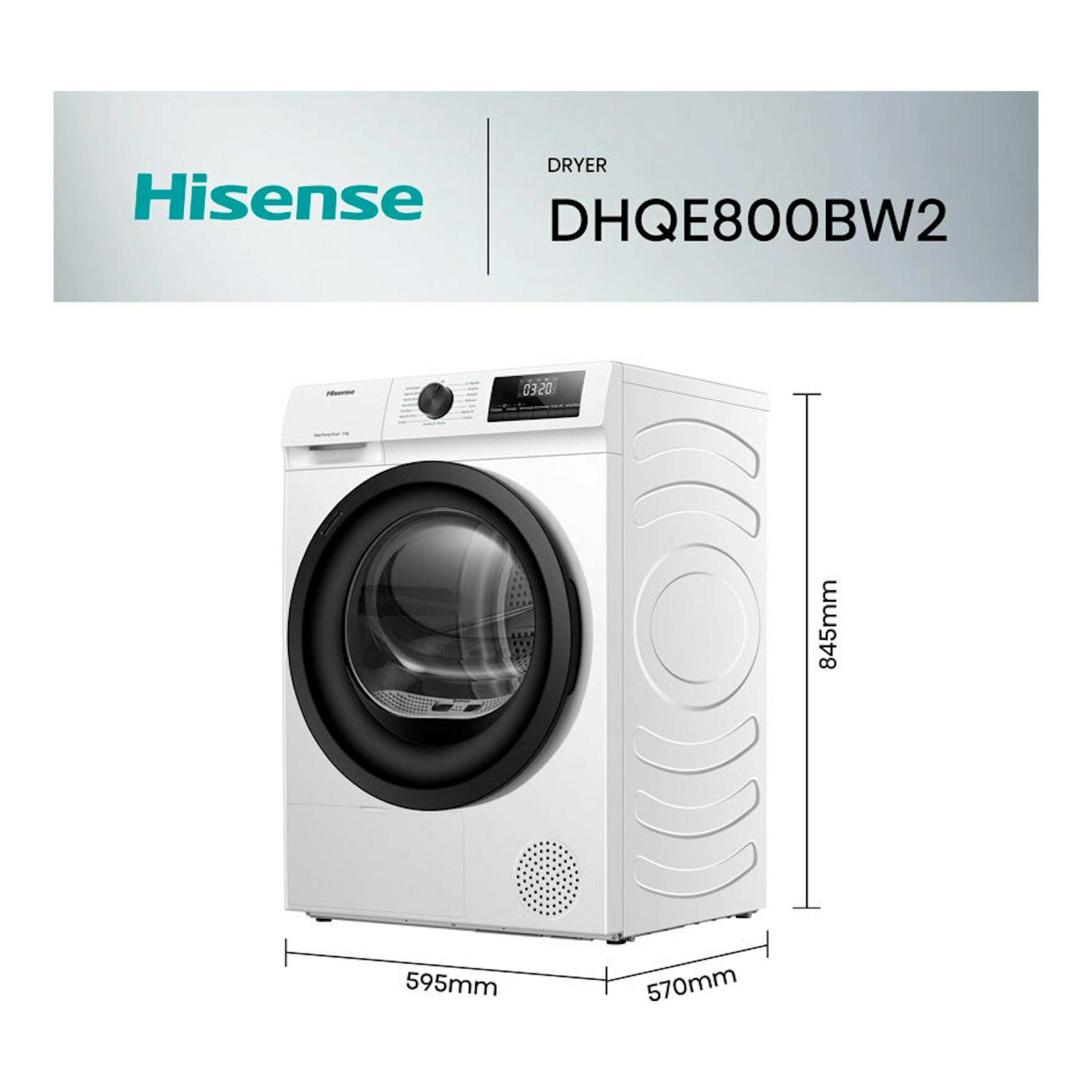 Secadora Hisense DHQE800BW2 blanca, vista frontal y lateral, con puerta negra y medidas 845 x 595 x 570 mm.