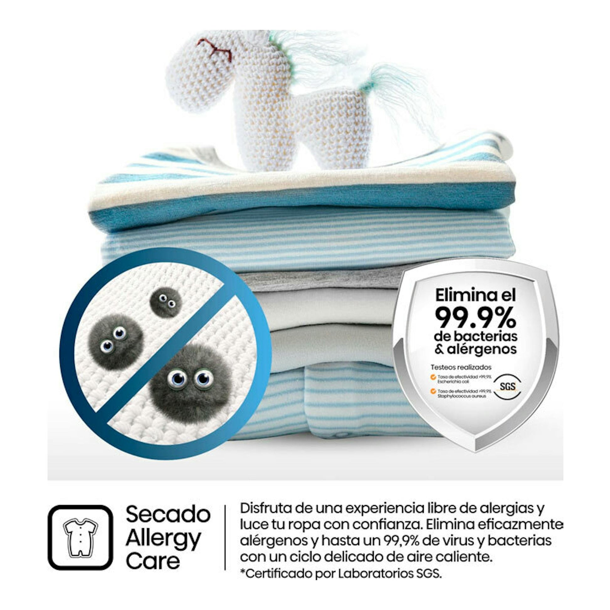Hisense DHQE800BW2, secadora con ropa apilada y sello de “Elimina el 99,9% de bacterias y alérgenos”.