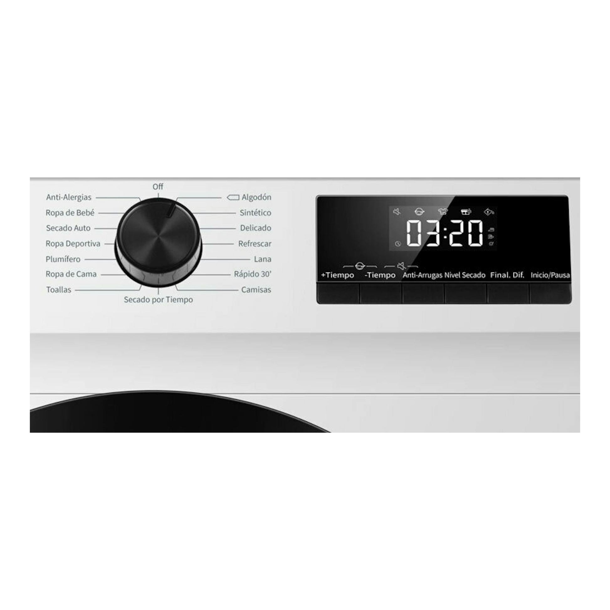 Vista frontal parcial de secadora Hisense DHQE900UWDC, panel plateado con selector negro y pantalla digital.