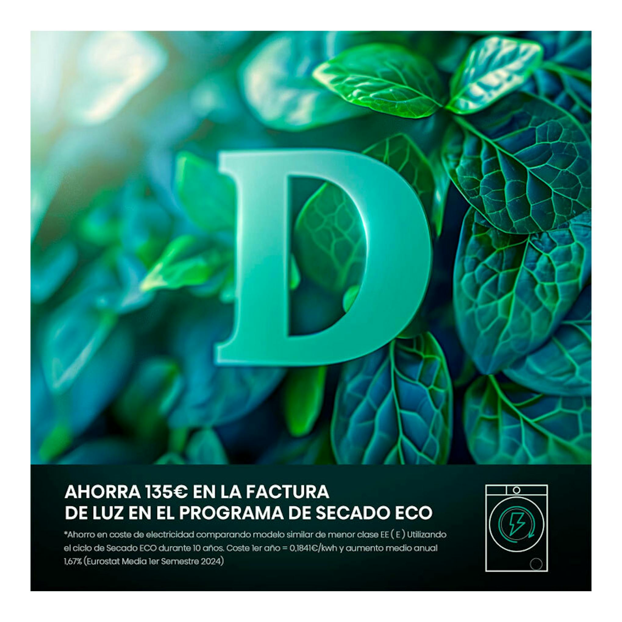 Cartel promocional con una D turquesa sobre hojas verdes y texto de ahorro en secado eco.