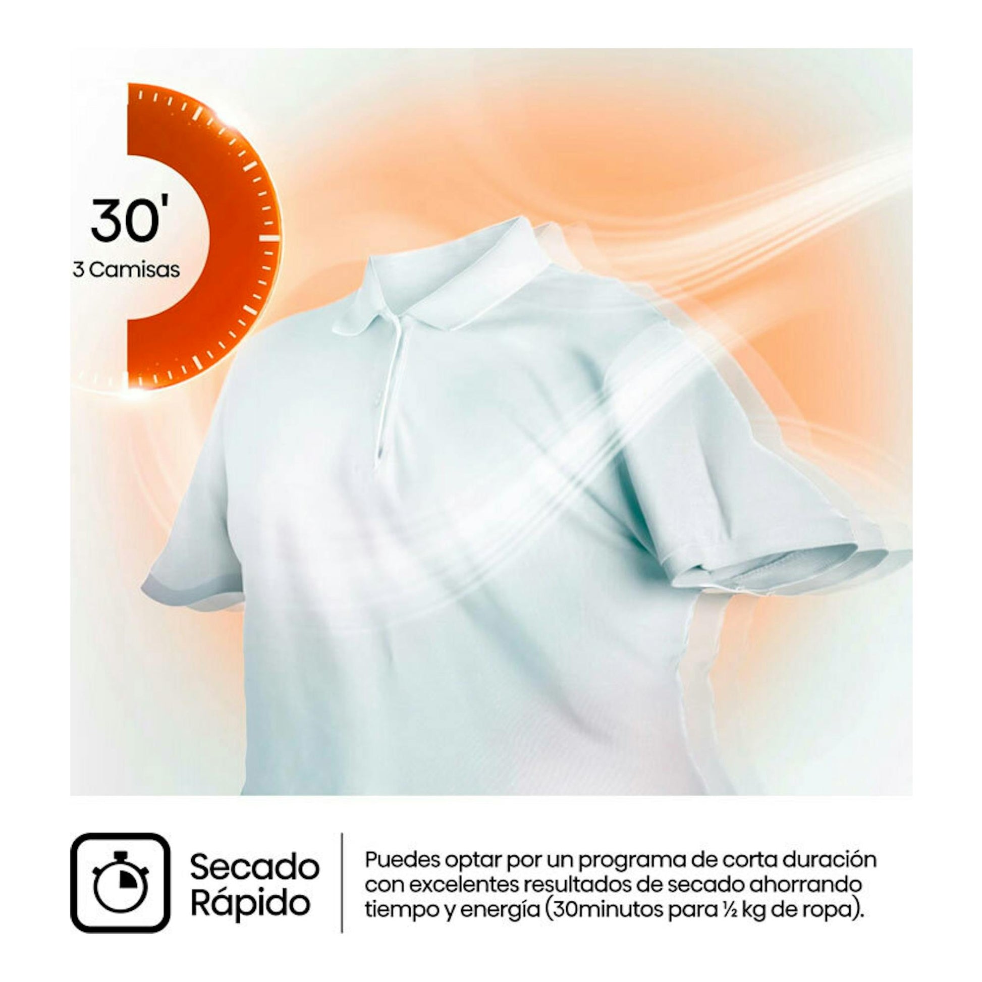 Secadora Hisense DHQE900UWDC: gráfica promocional de secado rápido con camisa blanca y texto “30' 3 Camisas”.