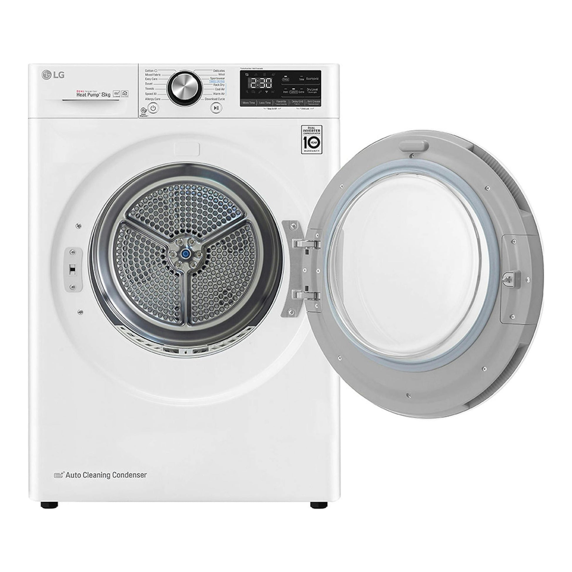 Secadora LG RC80V9AV2W blanca, vista frontal, puerta abierta a la derecha.