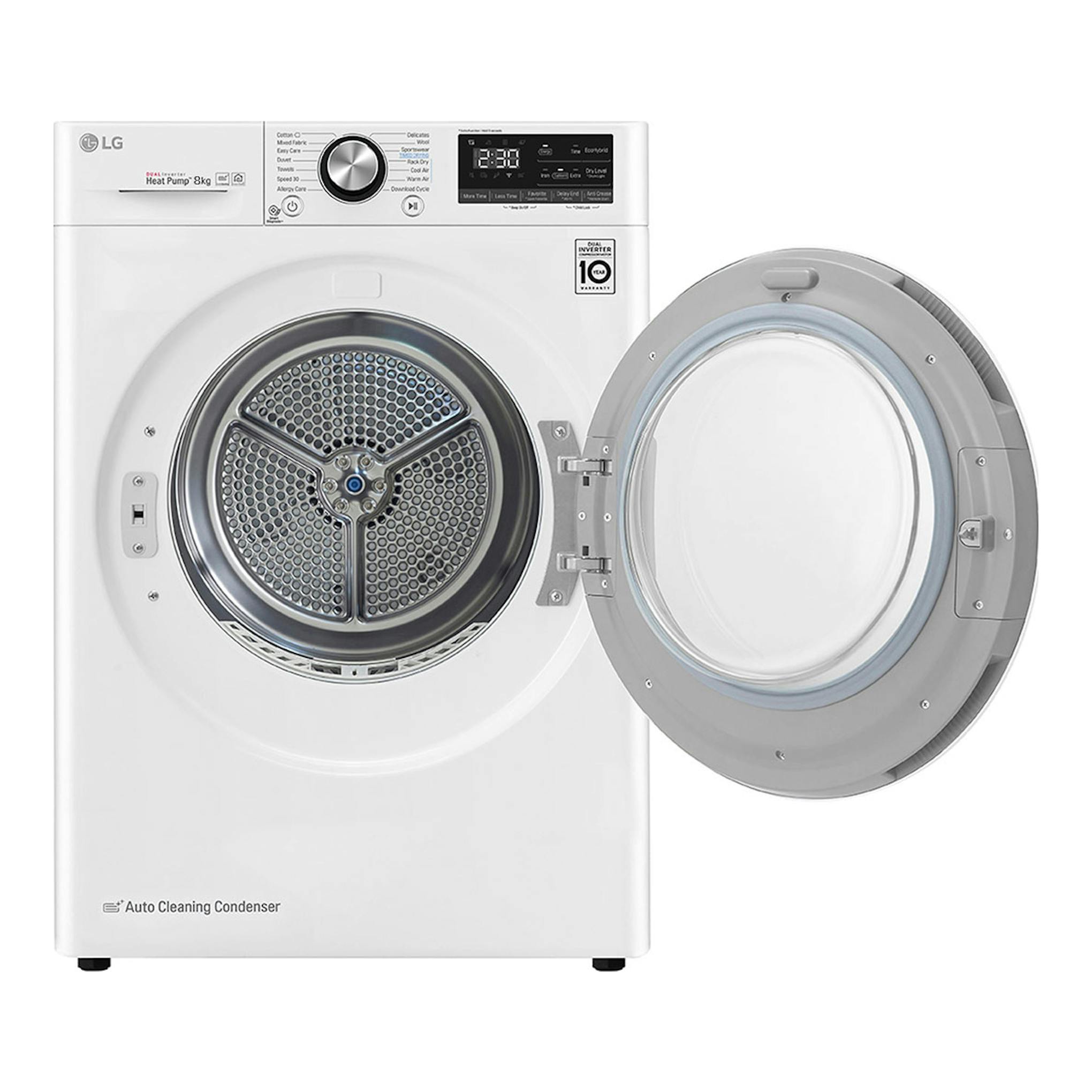 Secadora LG RC80V9AV2W blanca, vista frontal, puerta abierta a la derecha.