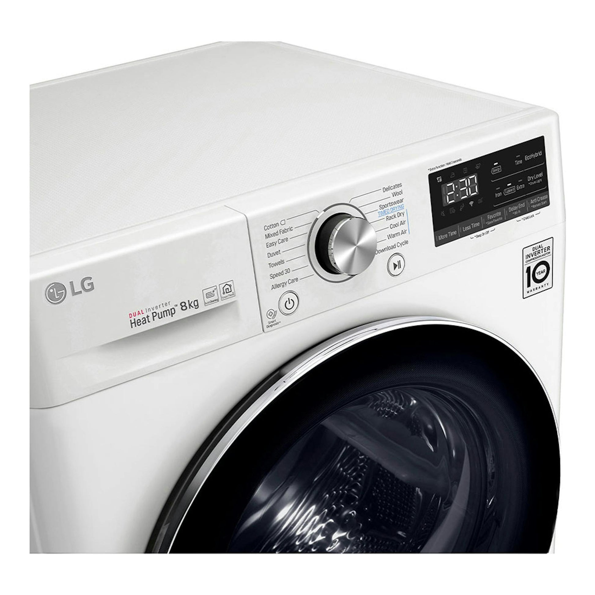 Secadora LG RC80V9AV2W blanca, vista frontal en ángulo, con panel digital y puerta negra.
