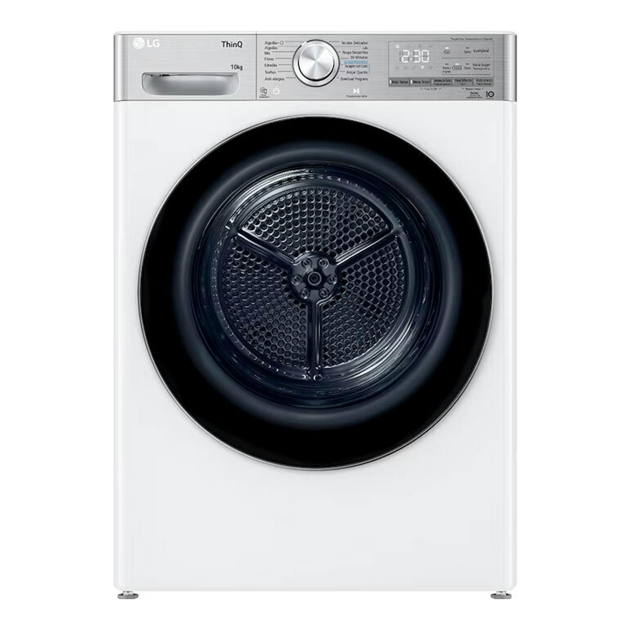 Secadora LG RH10V9AV2WR blanca de carga frontal, vista frontal, con puerta negra y panel superior.
