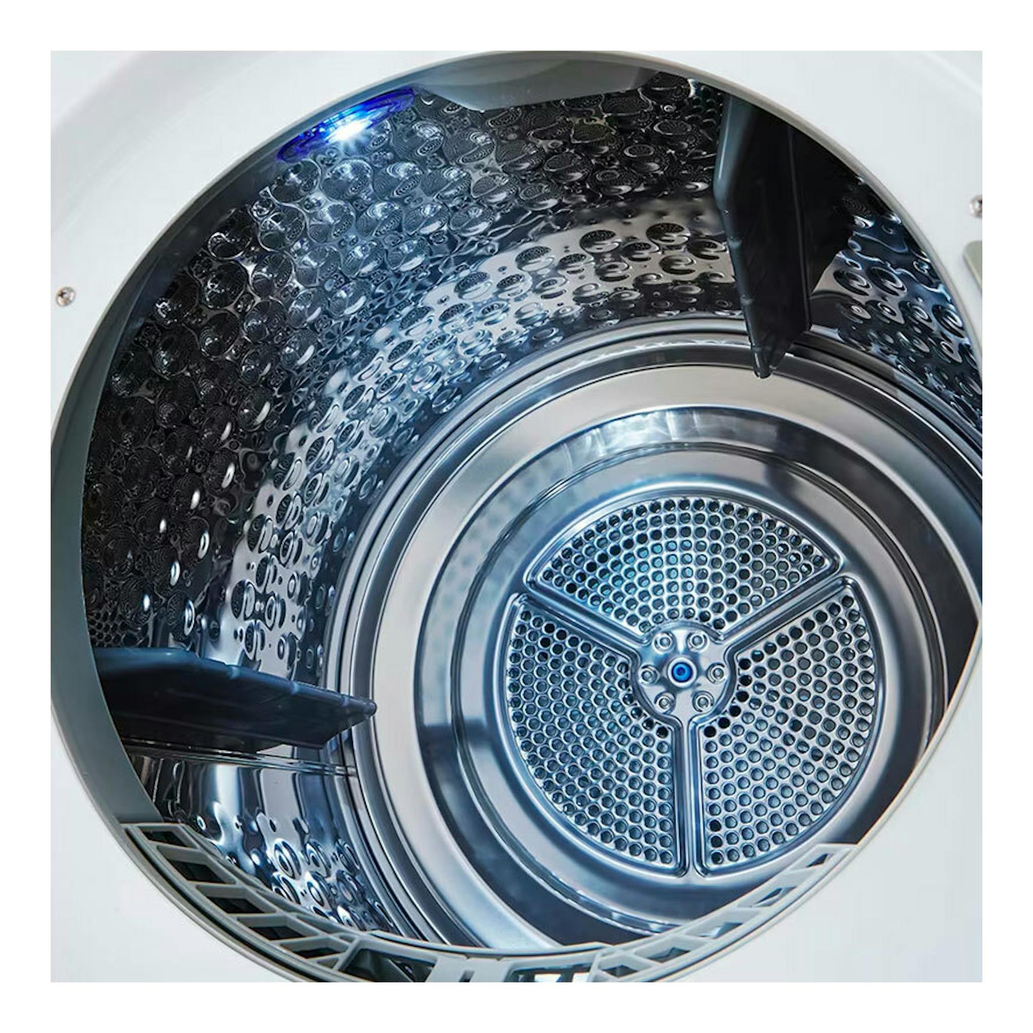 Interior del tambor de la secadora LG RH10V9AV2WR, vista frontal, acero inoxidable con luz azul.