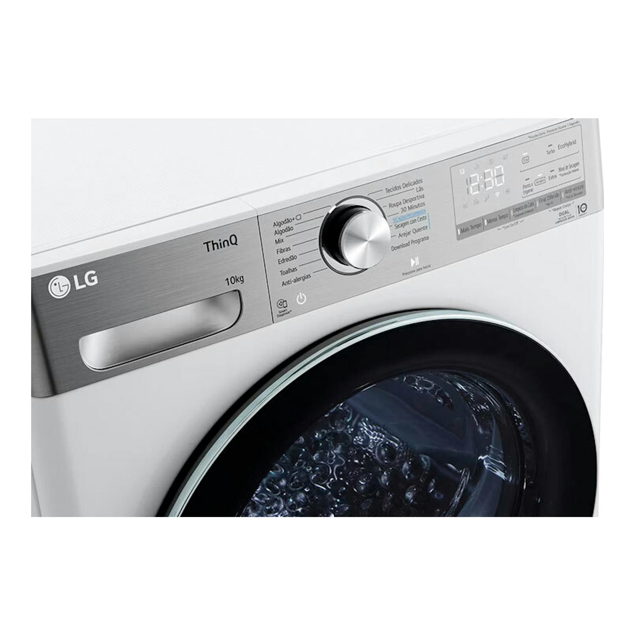 Secadora LG ThinQ RH10V9AV2WR blanca, vista frontal en ángulo, con puerta negra y panel digital.