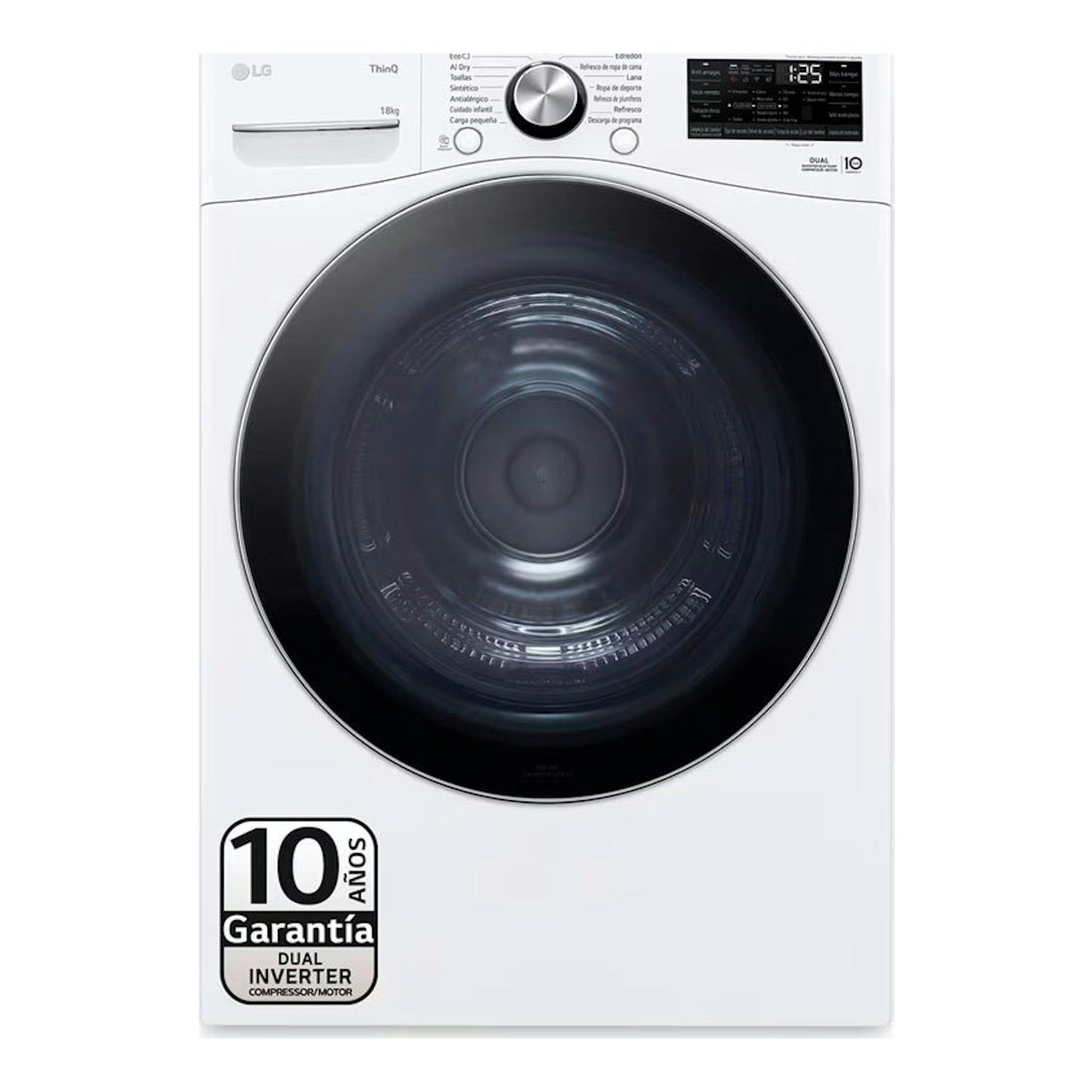 Secadora LG RH18U8AVCW blanca de 18 kg, vista frontal, con puerta circular negra y panel digital.
