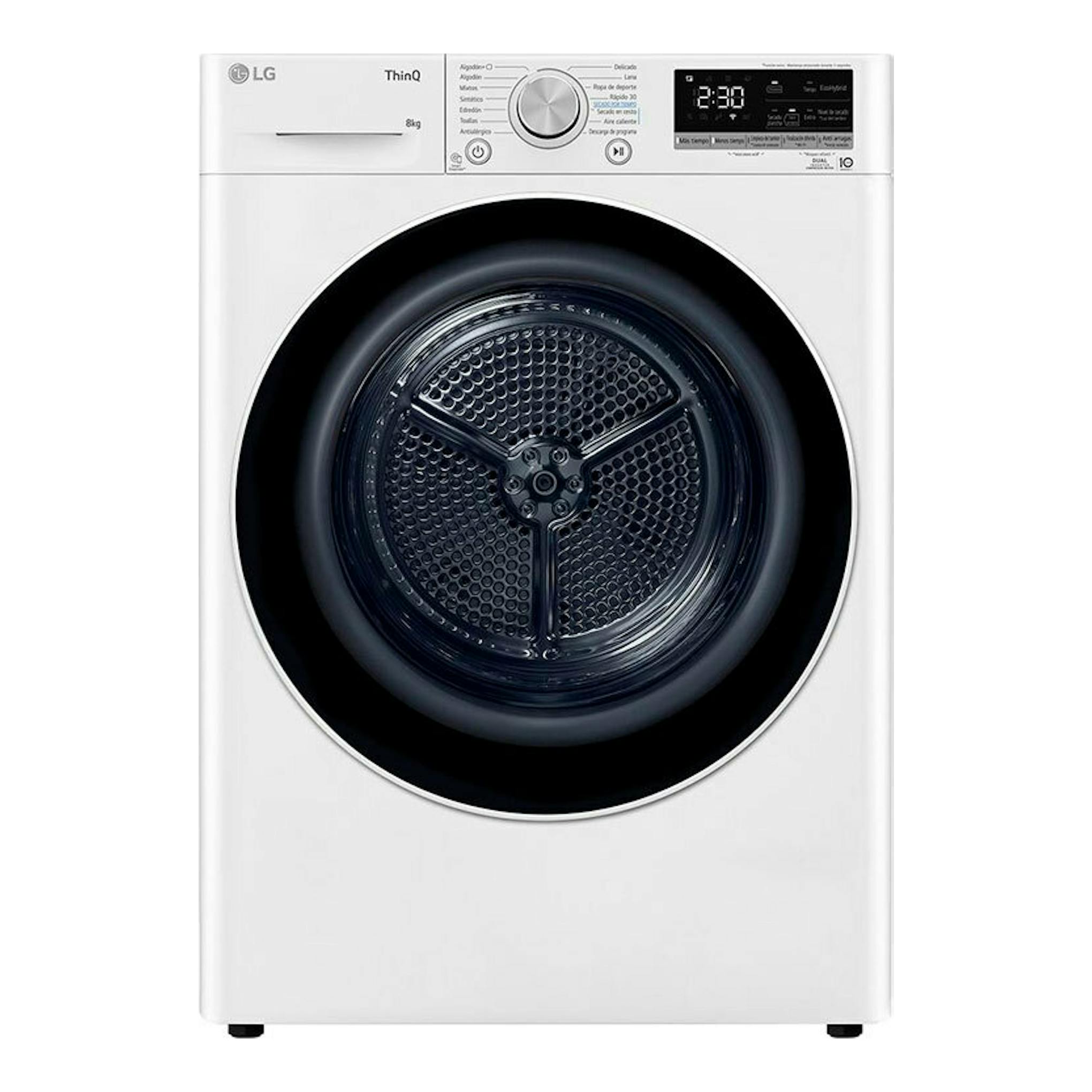 Secadora LG RH80V9AV4N blanca, vista frontal, con puerta circular negra y panel superior digital.