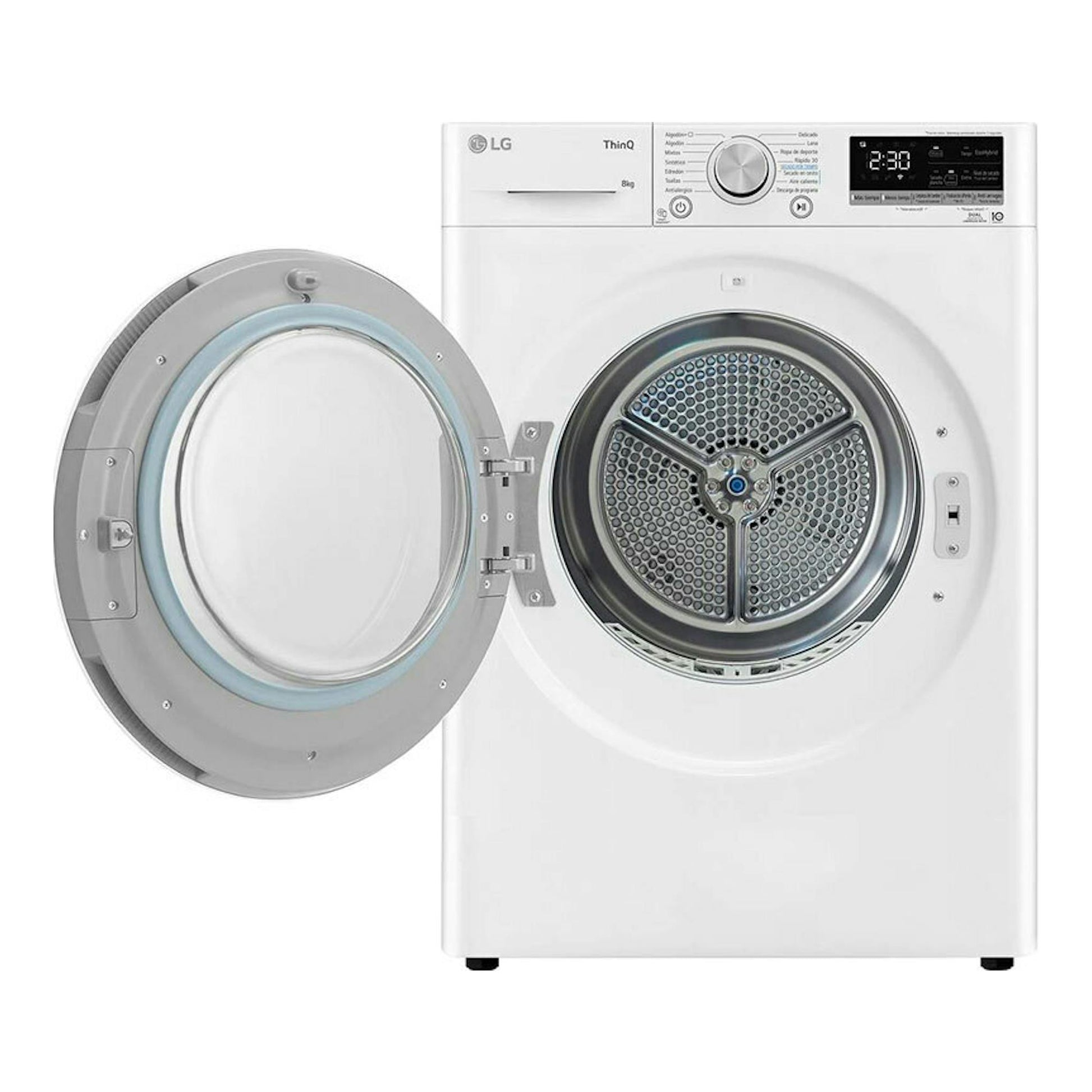Secadora LG RH80V9AV4N 8Kg, blanca, vista frontal con puerta abierta y panel de control superior.