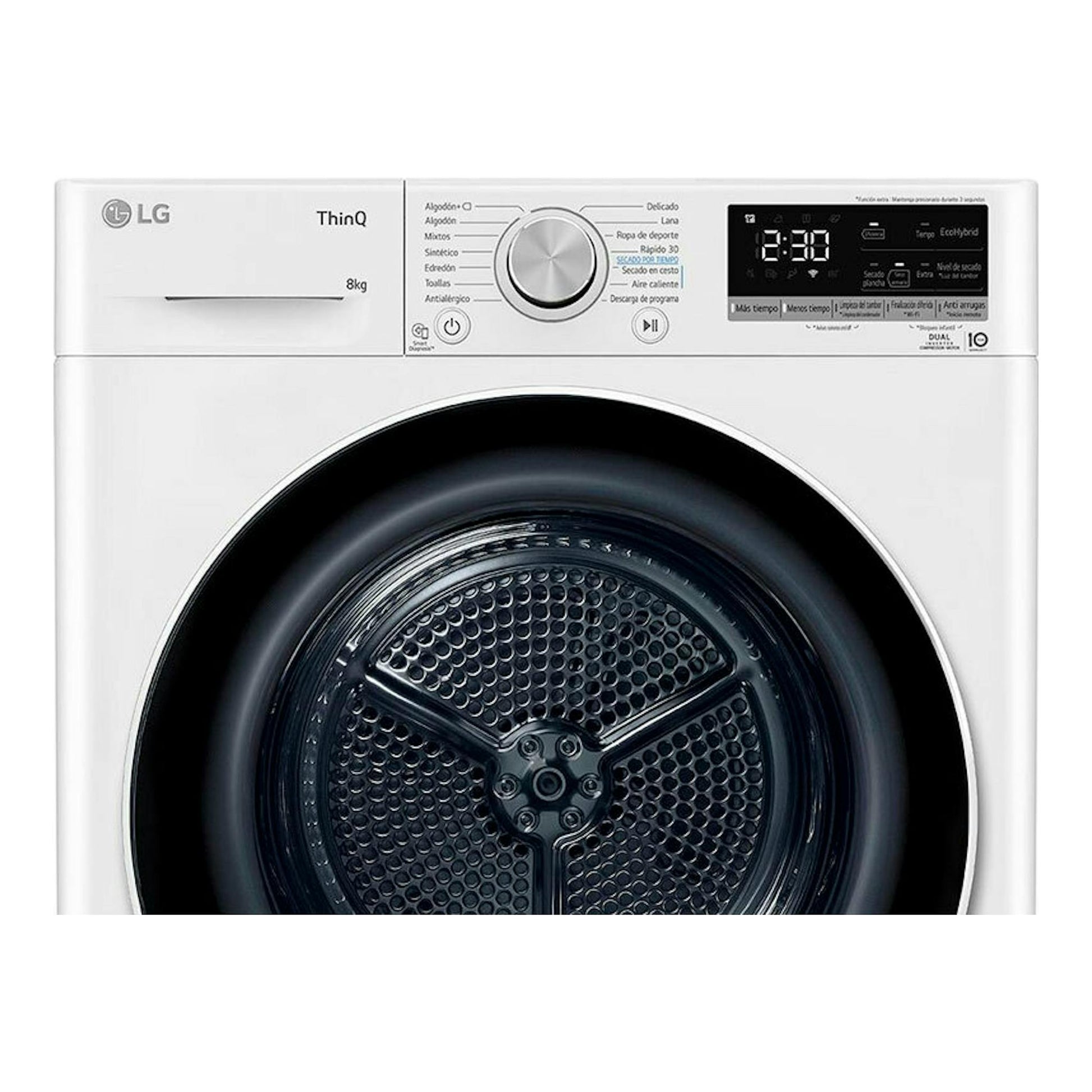 Secadora LG ThinQ RH80V9AV4N blanca de 8 kg, vista frontal, con panel digital negro y puerta circular.