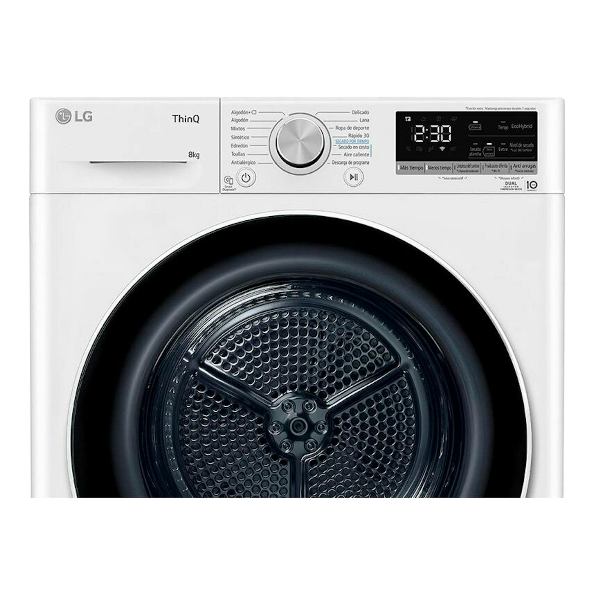 Secadora LG ThinQ RH80V9AV4N blanca de 8 kg, vista frontal, con panel digital negro y puerta circular.