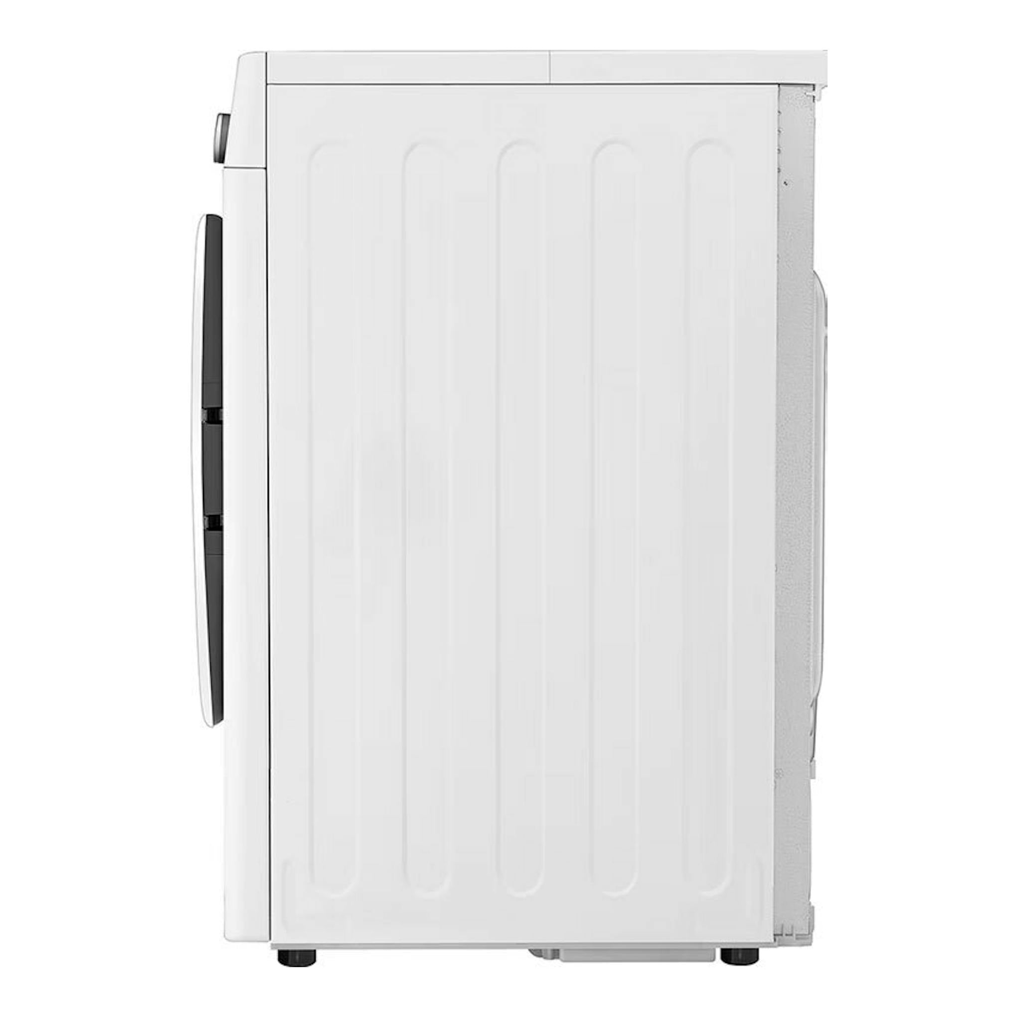 Secadora LG RH80V9AV4N blanca, vista lateral izquierda, con panel negro.