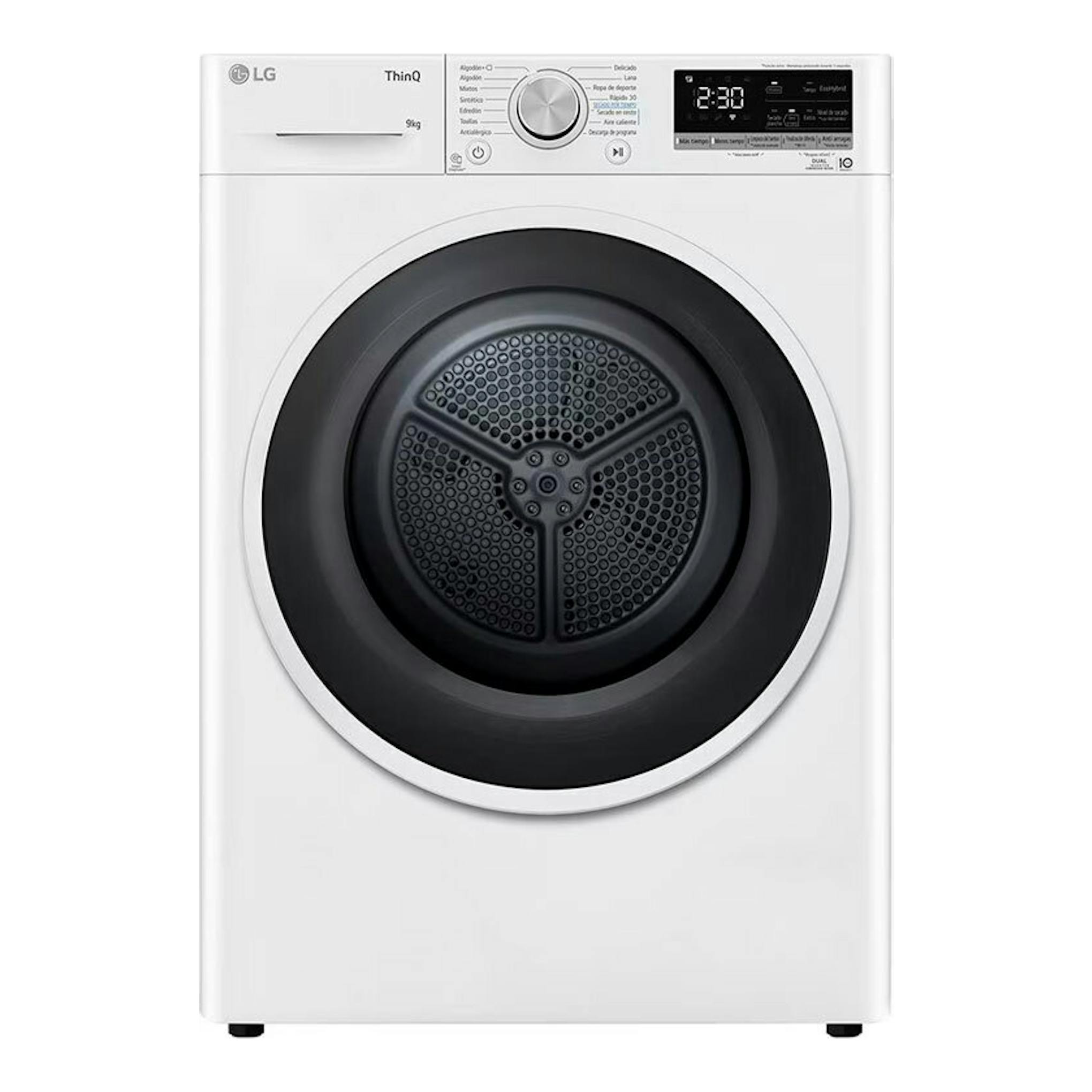 Secadora LG RH90V5AV6N blanca, vista frontal, con puerta circular negra y panel digital superior.