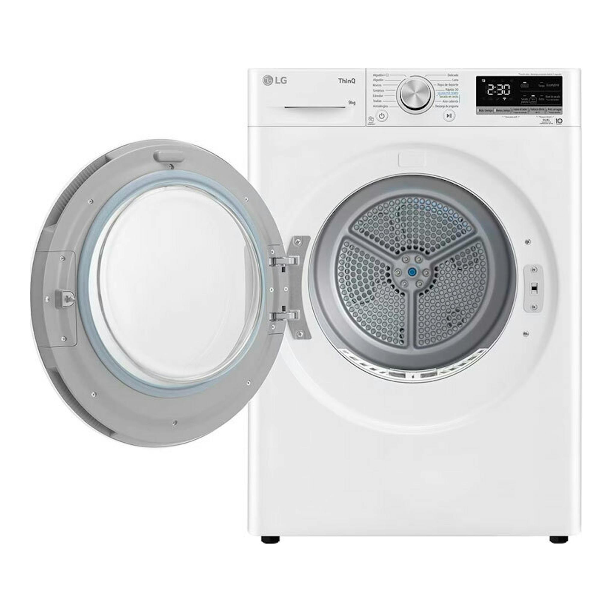 Secadora LG RH90V5AV6N blanca, vista frontal con puerta abierta y panel digital superior.