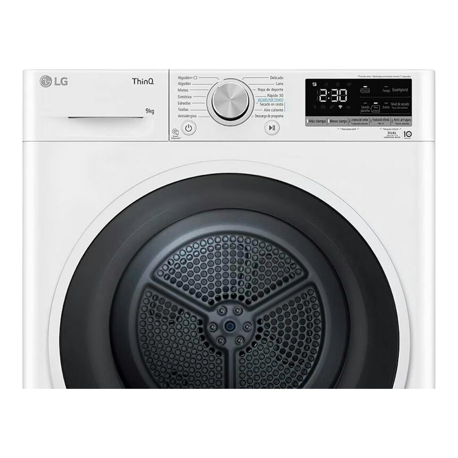 Secadora LG ThinQ RH90V5AV6N blanca, vista frontal, con puerta negra y panel digital superior.