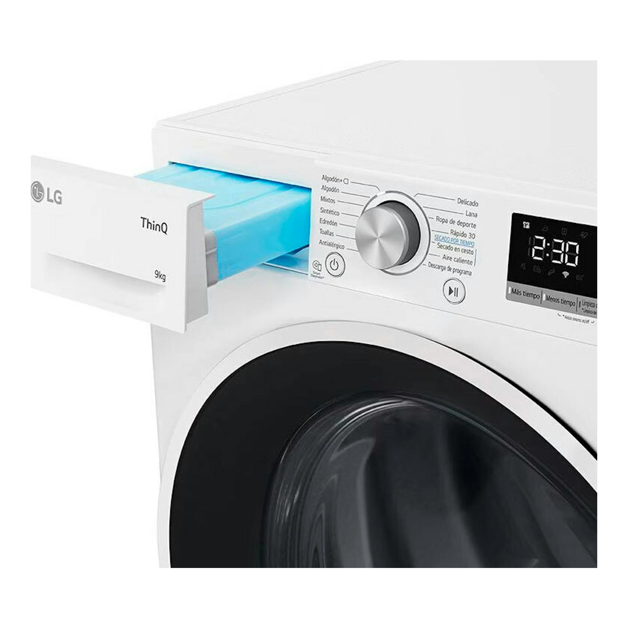 Secadora LG ThinQ RH90V5AV6N blanca de 9 kg, vista frontal en ángulo, con cajón abierto y panel digital.