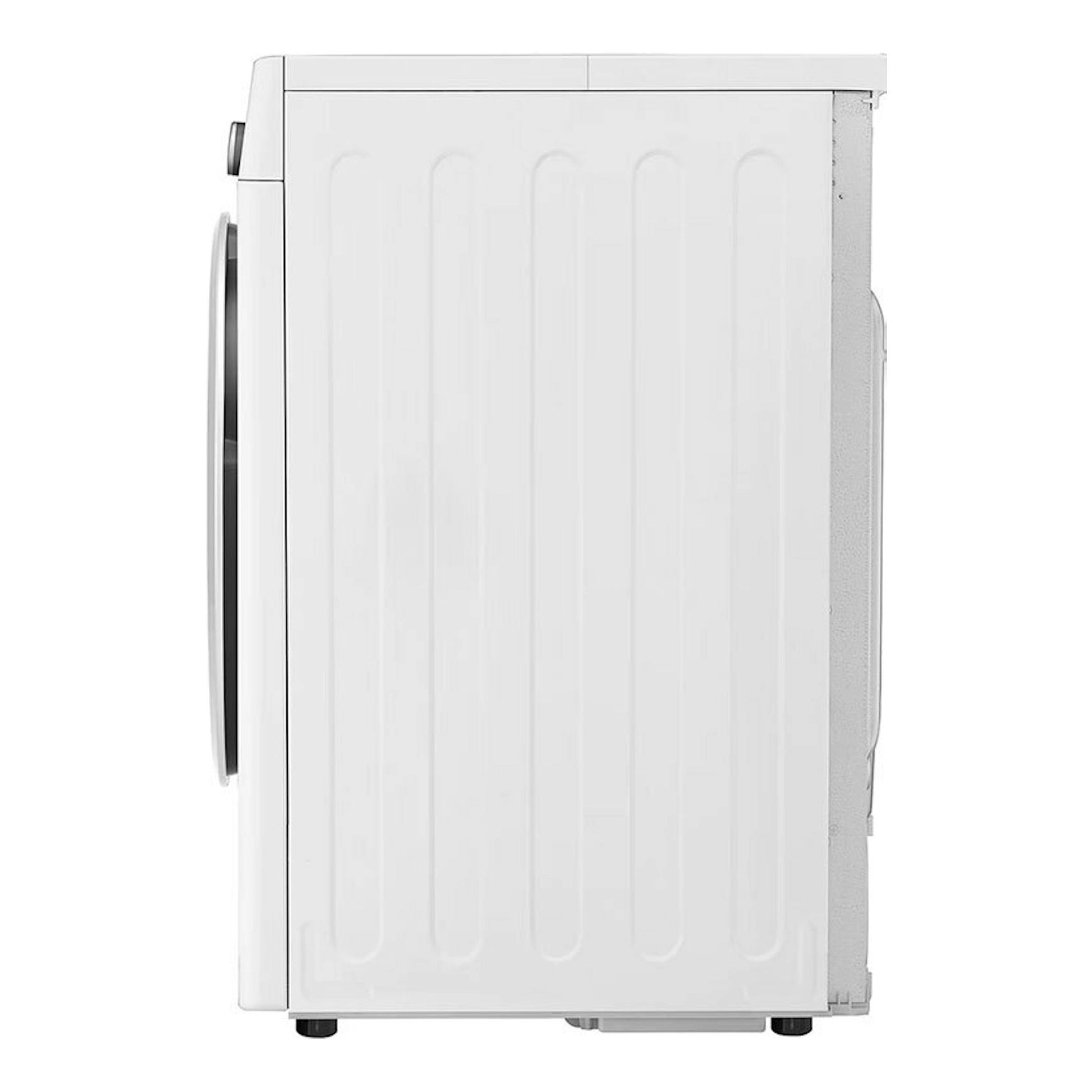Secadora LG RH90V5AV6N blanca, vista lateral izquierda, con puerta frontal.