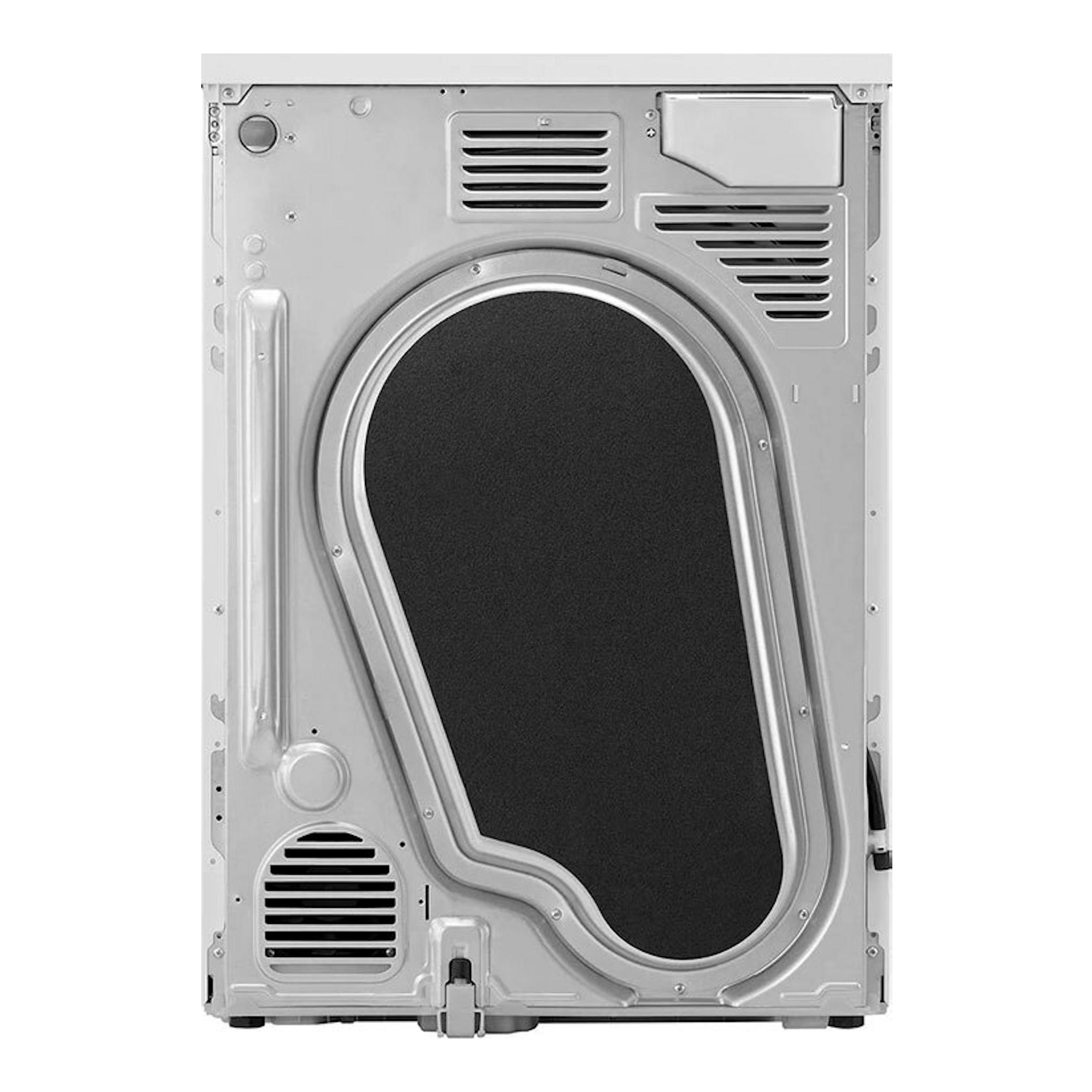 Secadora LG RH90V5AV6N gris, vista trasera, con rejillas de ventilación y puerta ovalada.
