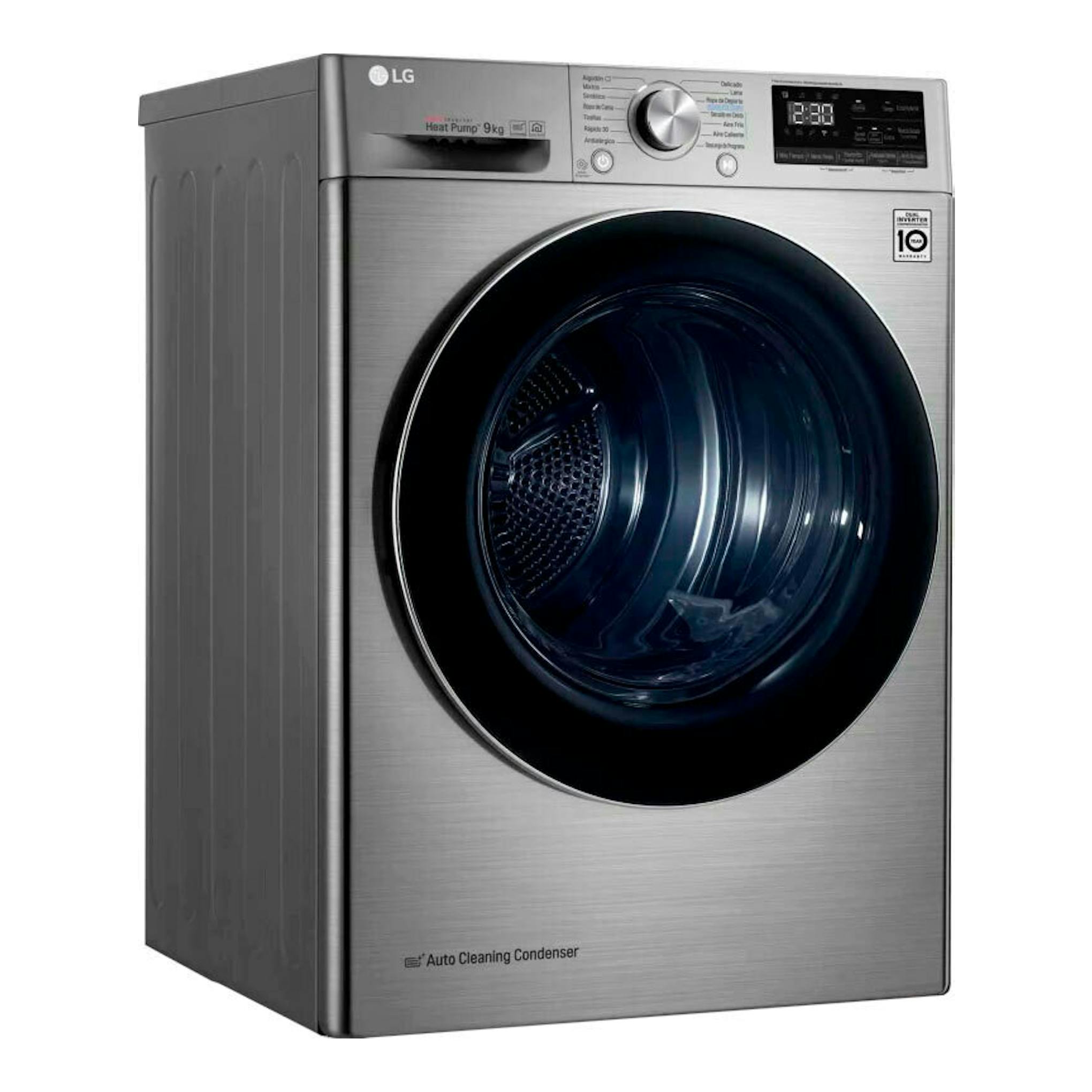 Secadora LG RH90V9PV2N de 9 kg, vista frontal en ángulo, color gris plata, con puerta negra.