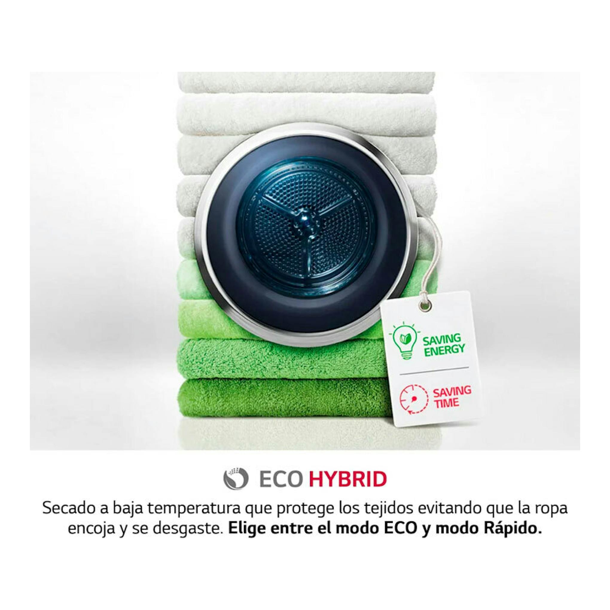 Secadora LG RH90V9PV2N, vista frontal, con puerta circular azul y toallas blancas y verdes.