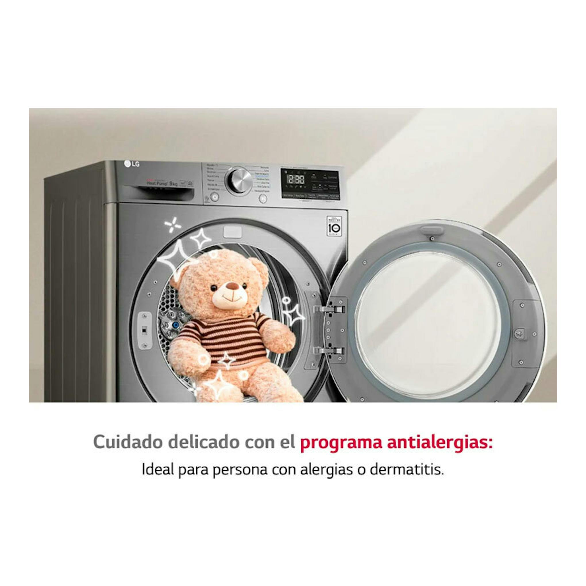 Secadora LG RH90V9PV2N gris, vista frontal con la puerta abierta y un oso de peluche dentro.