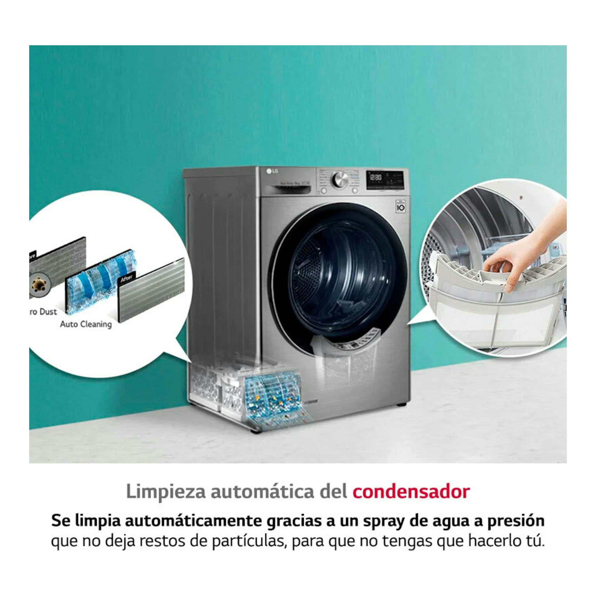 Secadora LG RH90V9PV2N plateada, vista frontal, con puerta redonda negra y gráficos de limpieza del condensador.
